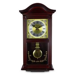 Bedford Clock Collection - 22 Inch Wall Clock Wood with Brass Pendulum and 4 Chimes - Mahogany Cherry Oak