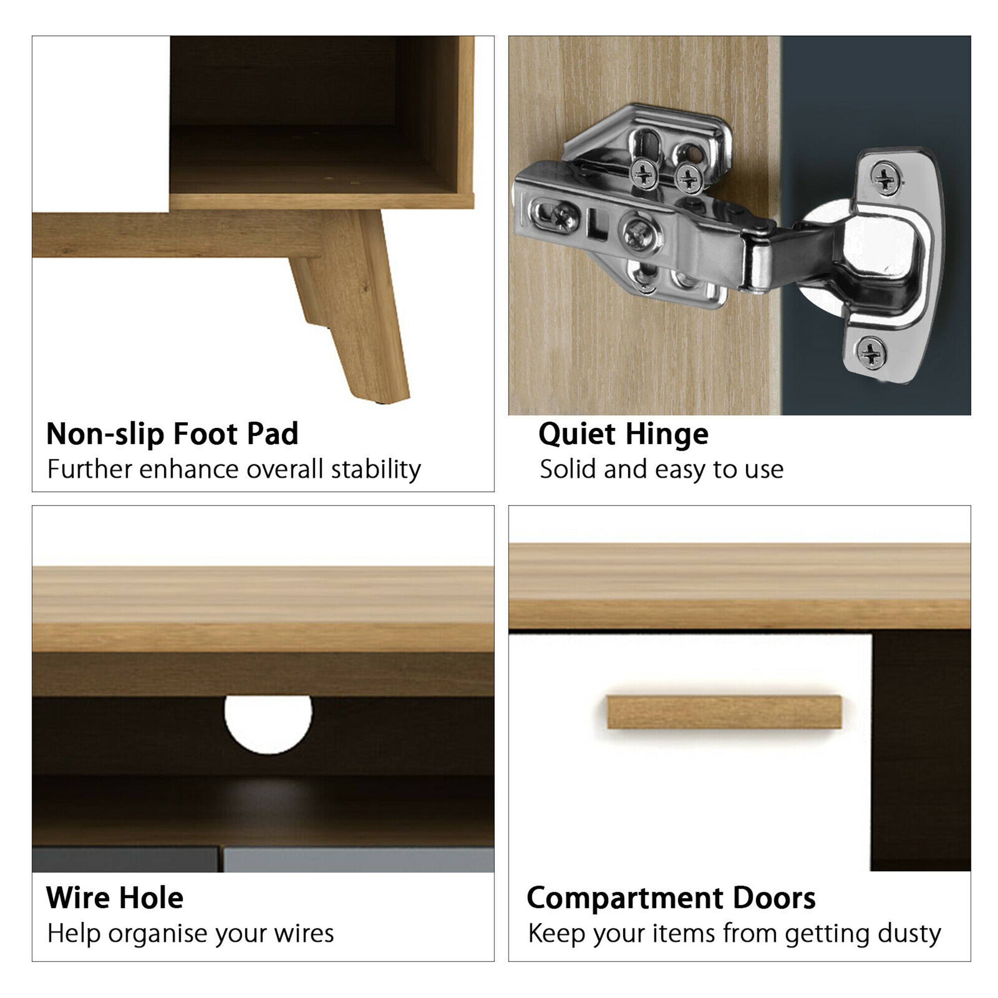 Here is the corrected and grouped text:

1. **Non-slip Foot Pad**
   - Further enhance overall stability

2. **Quiet Hinge**
   - Solid and easy to use

3. **Wire Hole**
   - Help organise your wires

4. **Compartment Doors**
   - Keep your items from getting dusty