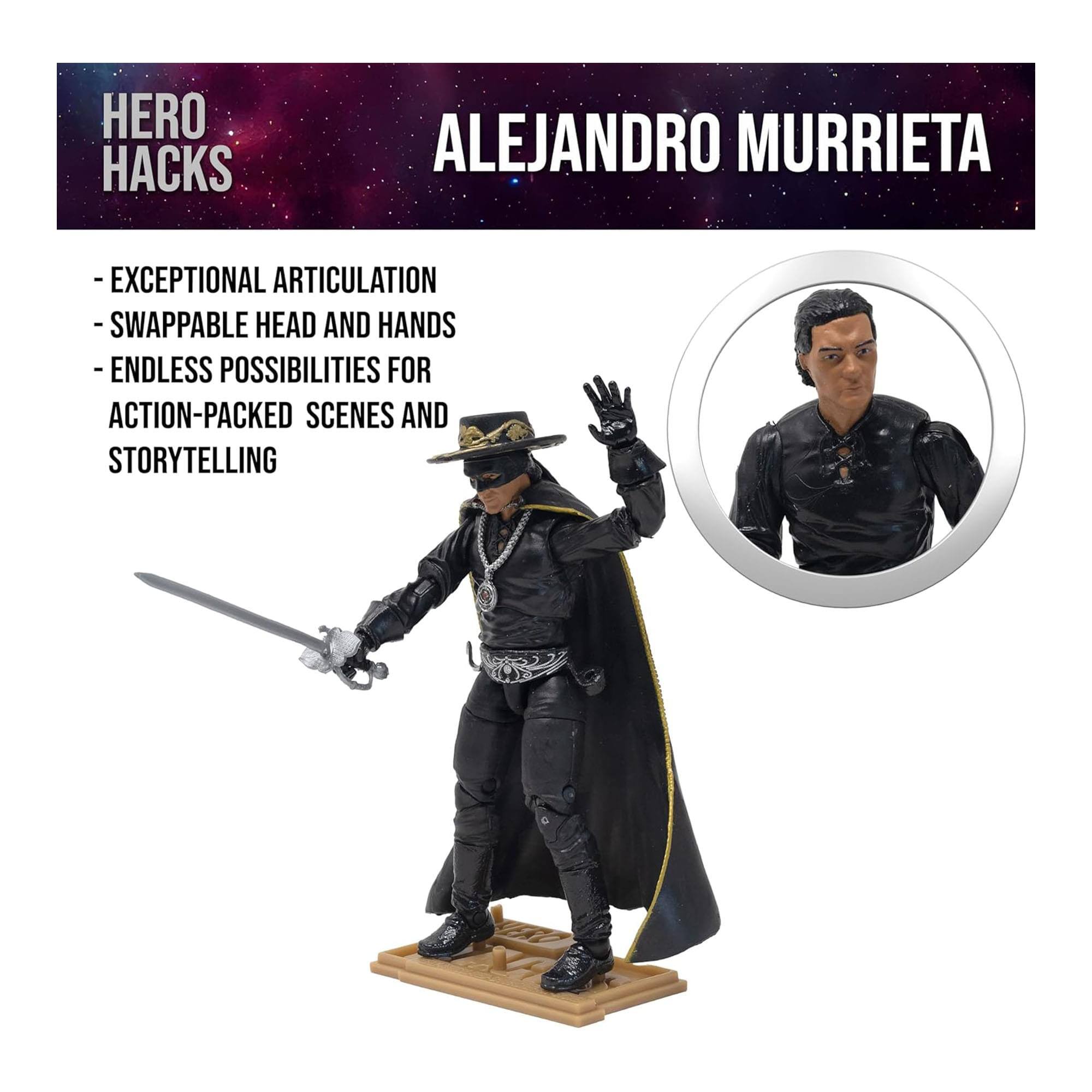 HERO HACKS  
ALEJANDRO MURRIETA  
- EXCEPTIONAL ARTICULATION  
- SWAPPABLE HEAD AND HANDS  
- ENDLESS POSSIBILITIES FOR ACTION-PACKED SCENES AND STORYTELLING