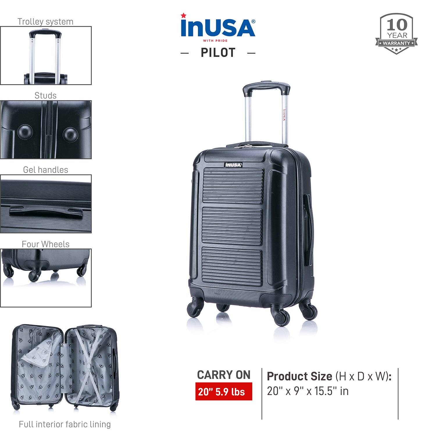 - Trolley system
- Studs
- Gel handles
- Four Wheels
- Full interior fabric lining

CARRY ON 20" 5.9 lbs

Product Size (H x D x W): 20" x 9" x 15.5" in

10 YEAR WARRANTY

inUSA - PILOT - WITH PRIDE