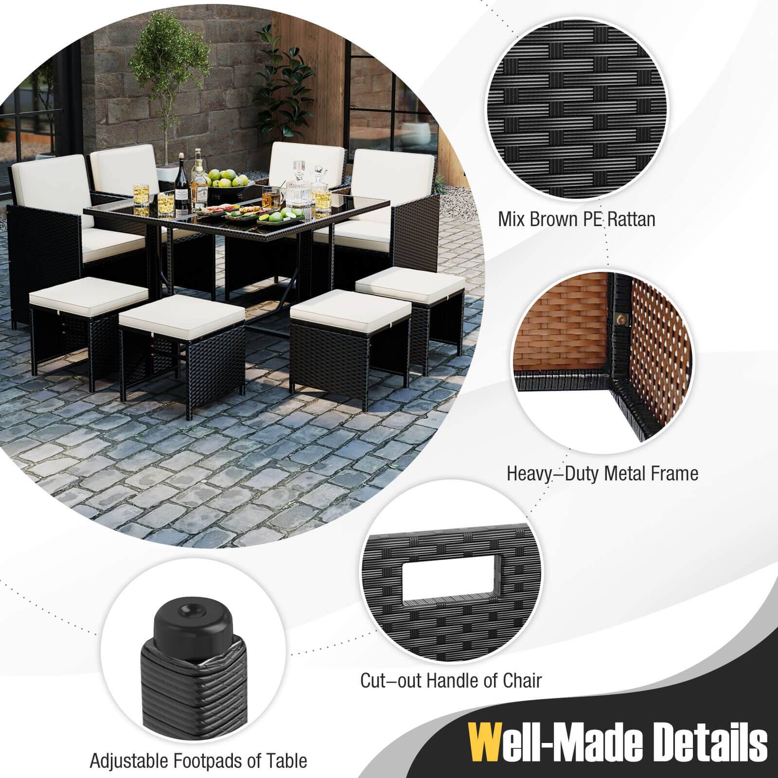 Mix Brown PE Rattan, Heavy-Duty Metal Frame, Cut-out Handle of Chair, Adjustable Footpads of Table, Well-Made Details