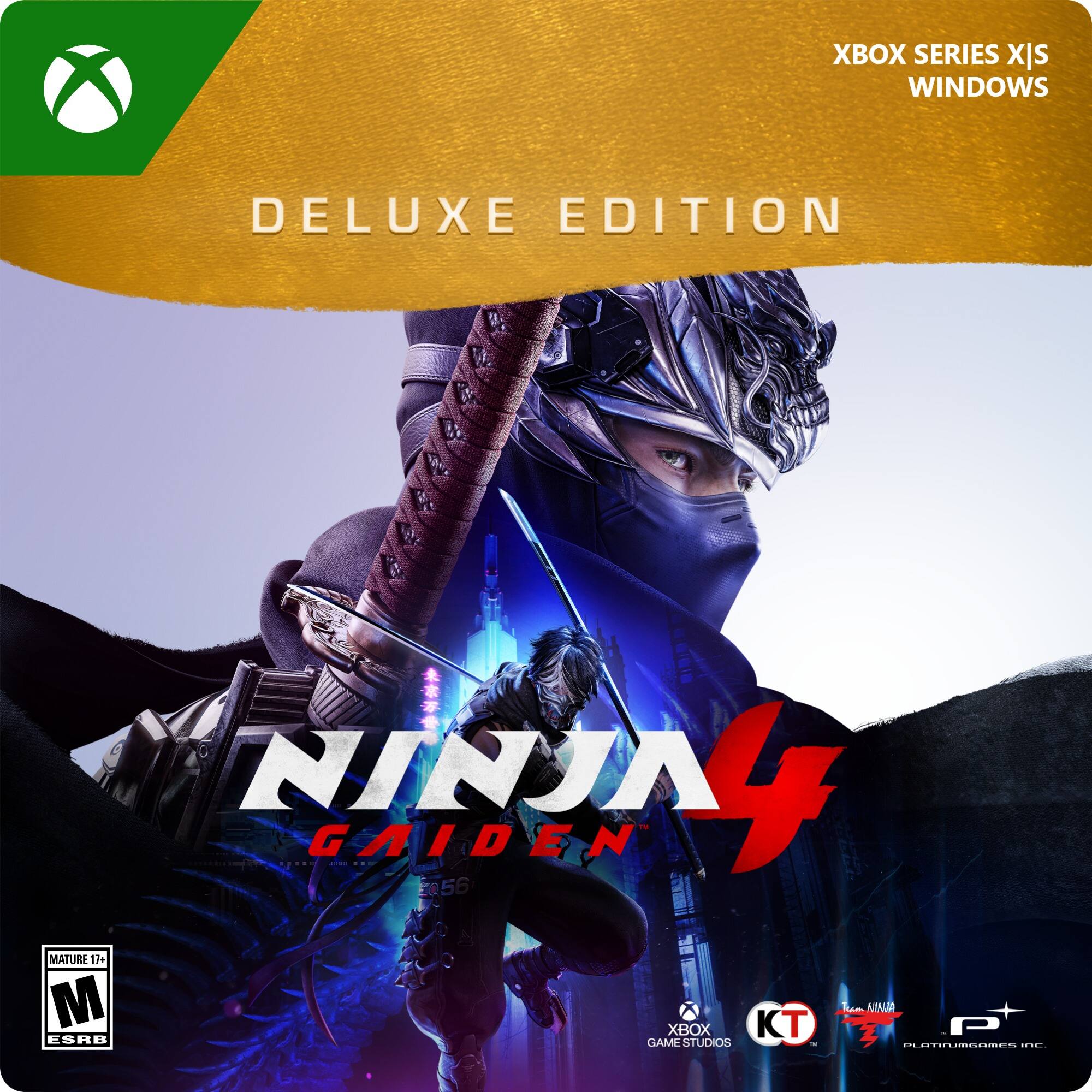 XBOX SERIES X|S WINDOWS DELUXE EDITION  
NINJA GAIDEN 4  
256 MATURE 17+  
M ESRB  
GAME STUDIOS - 2  
KT  
TE VIN D ESRB  
PLATINUMGAMES INC. - M (Mature 17+)