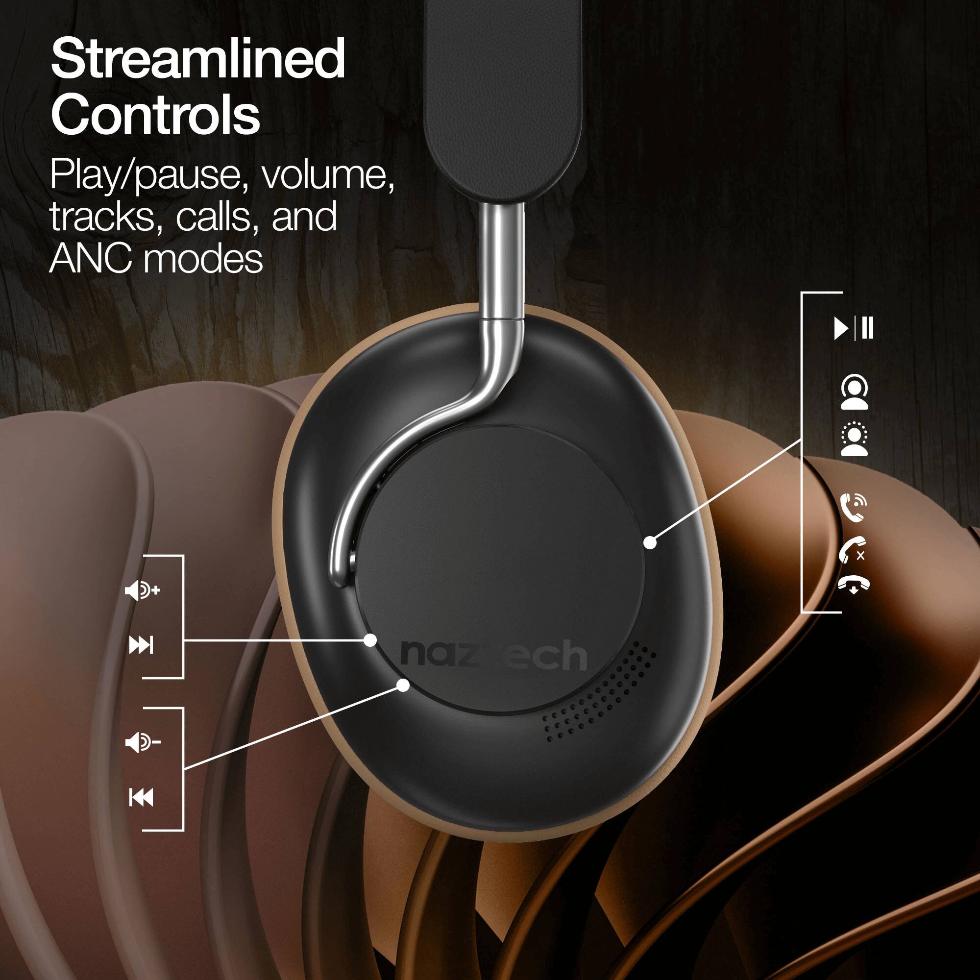 Streamlined Controls  
Play/pause, volume, tracks, calls, and ANC modes