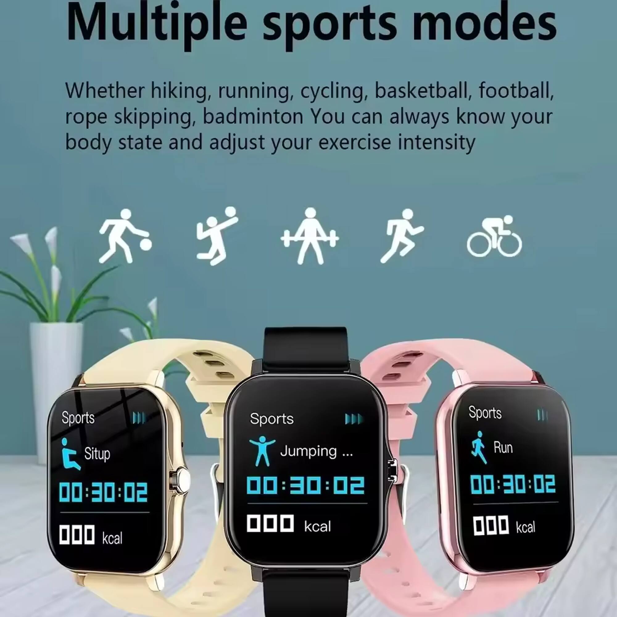 Multiple sports modes  
Whether hiking, running, cycling, basketball, football, rope skipping, badminton, you can always know your body state and adjust your exercise intensity  

Sports Situp  
00:30:02  
00 kcal  

Sports Jumping ...  
00:30:02  
00 kcal  

Sports Run  
00:30:02  
00 kcal