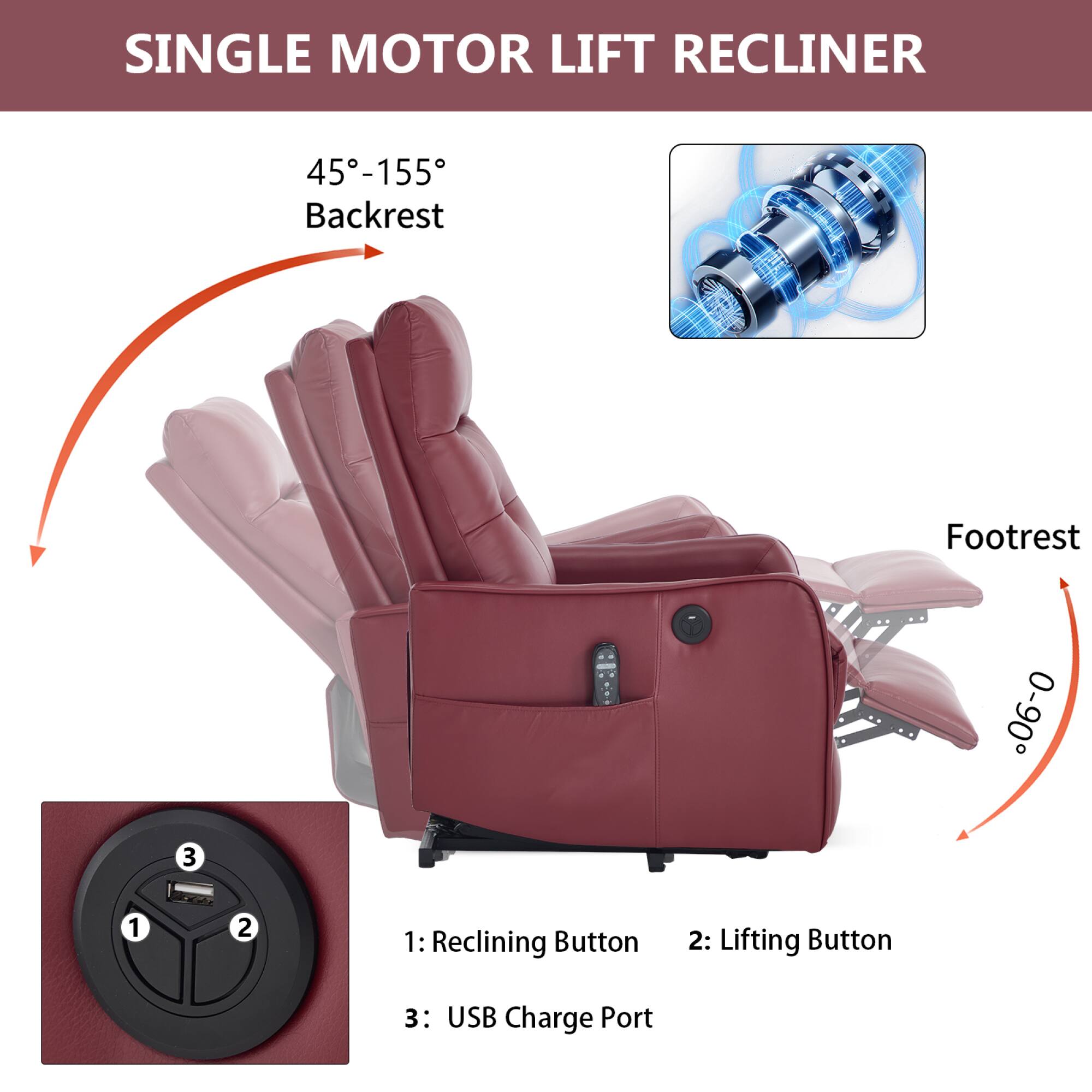 SINGLE MOTOR LIFT RECLINER

45°-155° Backrest

Footrest 0°-90°

1: Reclining Button
2: Lifting Button
3: USB Charge Port