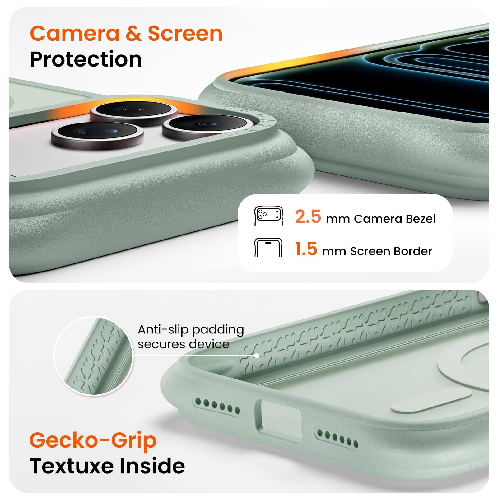 Camera & Screen Protection  
2.5 mm Camera Bezel  
1.5 mm Screen Border  
Anti-slip padding secures device  
Gecko-Grip Textuxe Inside