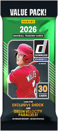 VALUE PACK!
PANINI 2026
BASEBALL TRADING CARDS
DONRUSS BASEBALL
ELI WILLITS
30 CARDS
LOOK FOR EXCLUSIVE SHOCK AND GREEN VELOCITY PARALLELS!
NO PURCHASE NECESSARY - SEE BACK FOR DETAILS