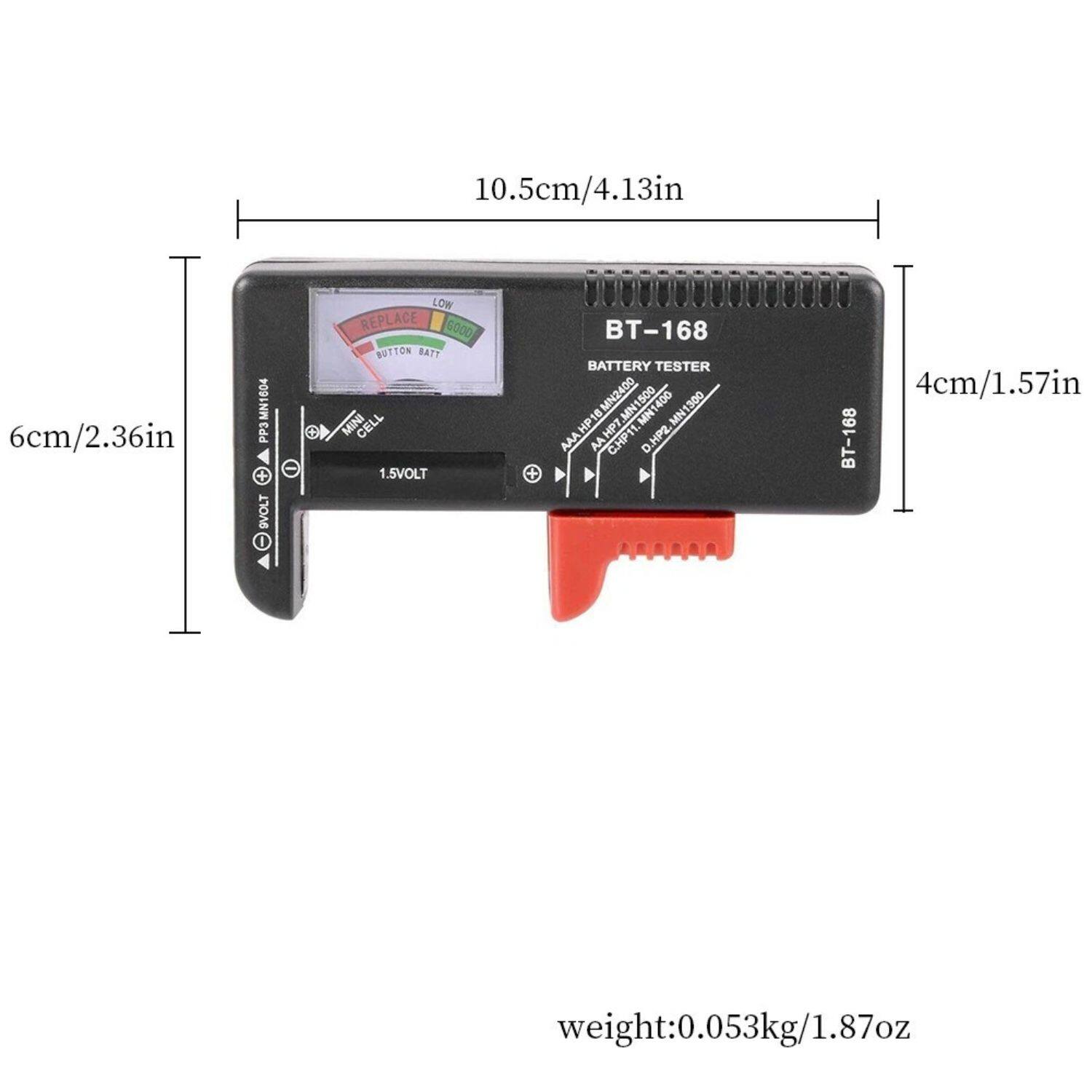 10.5cm/4.13in, 6cm/2.36in, PP3 MN1604, PP3 + SVOLT I LOW REPL ACE GO00 BUTTON BAFT MINI CELL 1.5VOLT, BT-168 BATTERY TESTER, 8MN2400, 500, 400, 1300 HP, 1 C.HP11.MN1400, MN, MN1400, MN, MN1300, MN, AAA HP, HP7 C.HP11, HP2. AA, D, BT-168, 4cm/1.57in, weight:0.053kg/1.87oz