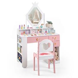 Costway - Kids Vanity Set with Crown Mirror & Chair, 3 Drawers, 3-Tier Storage Shelf - White & Pink