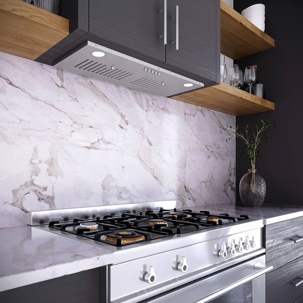 Back. Streamline - 28 in. Loreto Convertible Insert 350 CFM Range Hood, Baffle Filters, Push Button Control, LED Lights - Brushed Stainless Steel.