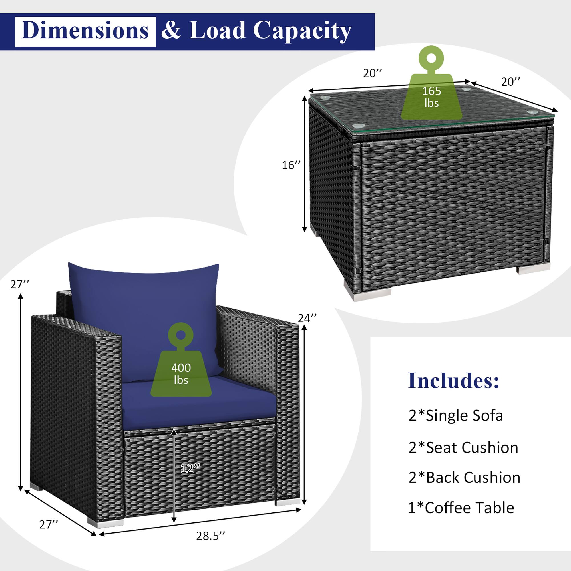 Dimensions & Load Capacity:
20" x 165 lbs
20" x 16"
27" x 24"
400 lbs

Includes:
2 x Single Sofa
12- 2 x Seat Cushion
2 x Back Cushion
1 x Coffee Table