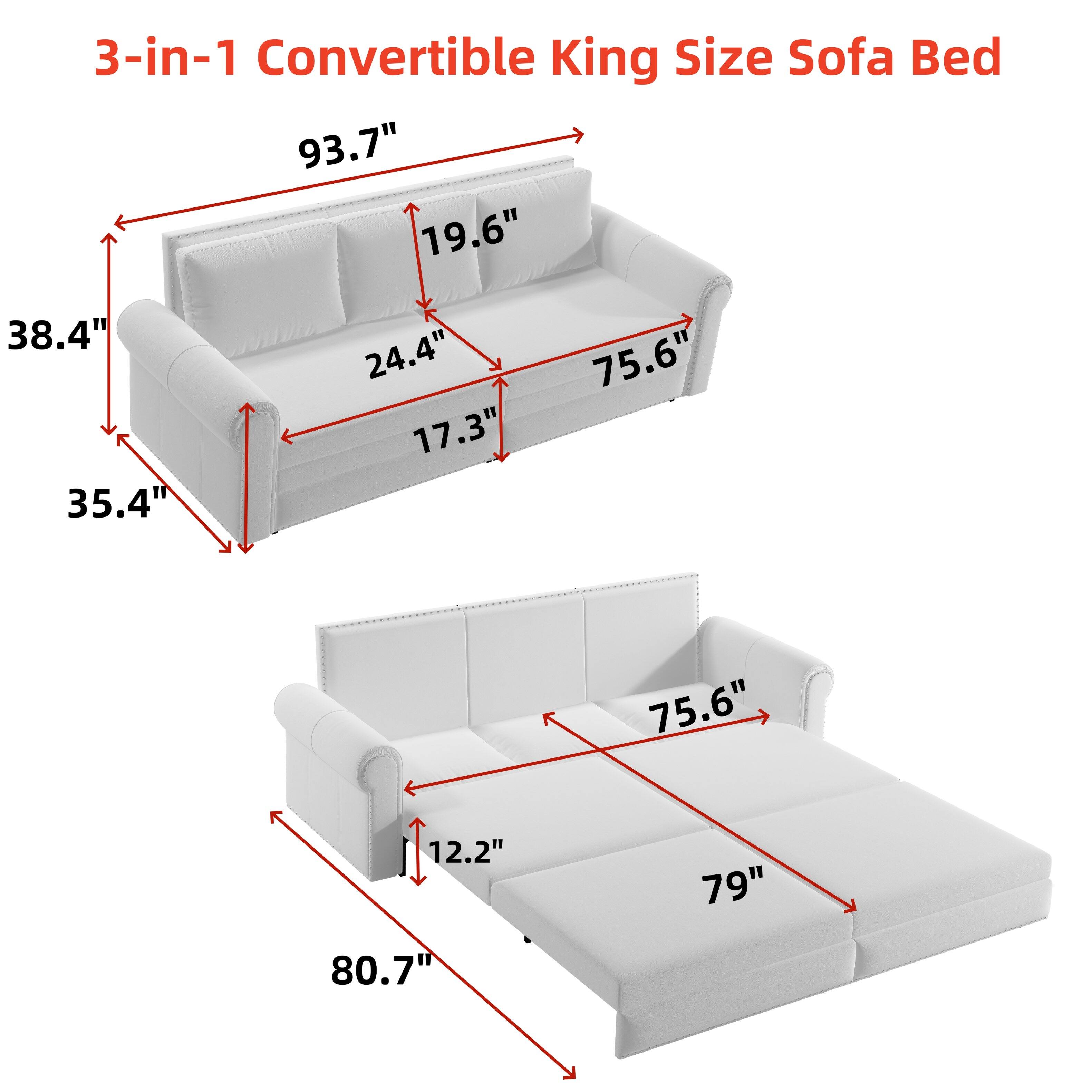 3-in-1 Convertible King Size Sofa Bed

- 93.7"
- 19.6"
- 38.4"
- 35.4"
- 24.4"
- 17.3"
- 75.6"
- 75.6"
- 12.2"
- 79"
- 80.7"