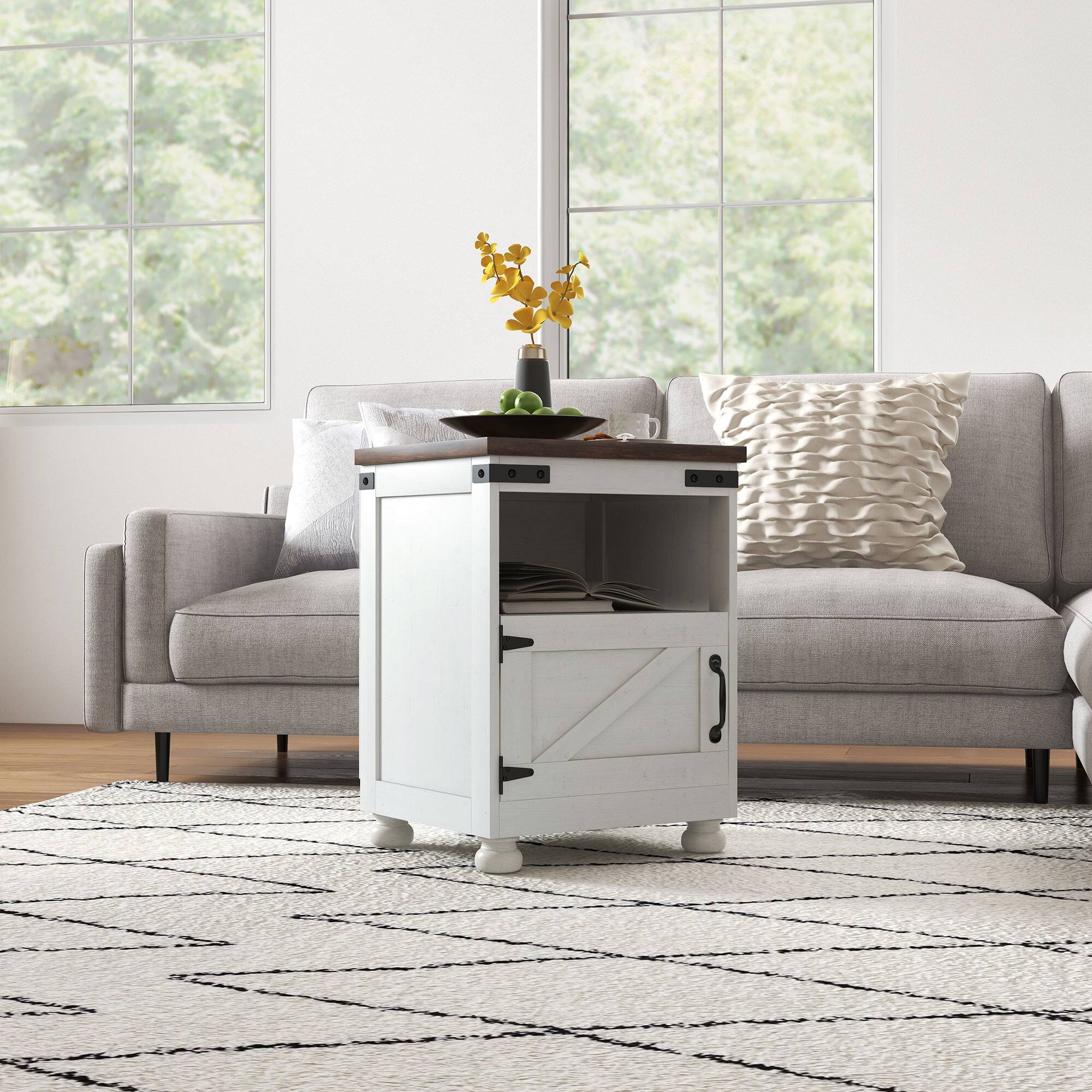 Alt View 2. Homcom - Small Side Table with Storage, Farmhouse End Table with Open Shelf and Cupboard, Modern Sofa Table for Living Room - White.