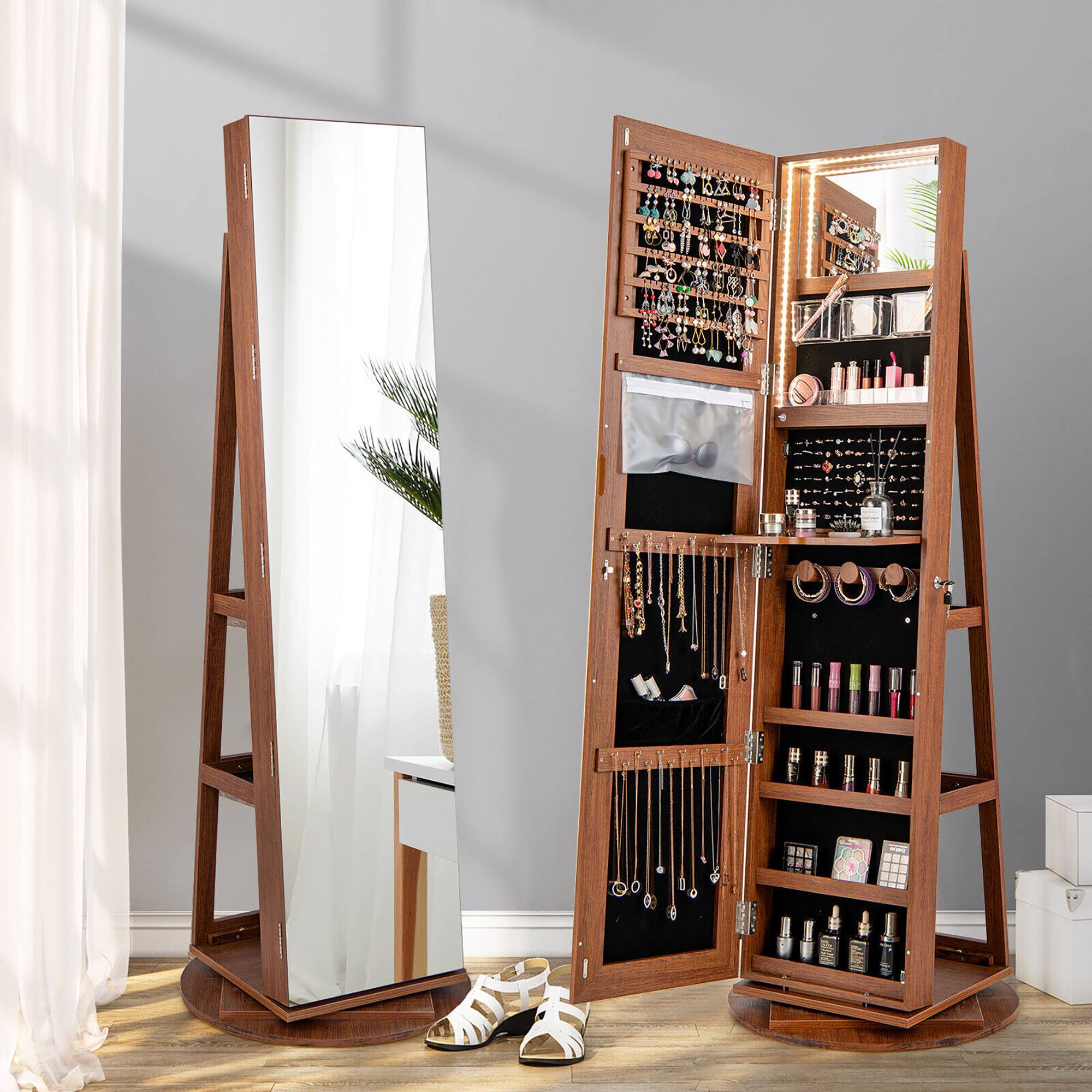 Alt View 4. Gymax - Gymax Rotating Mirrored Jewelry Cabinet with Mirror Storage Shelves Brown - Brown.