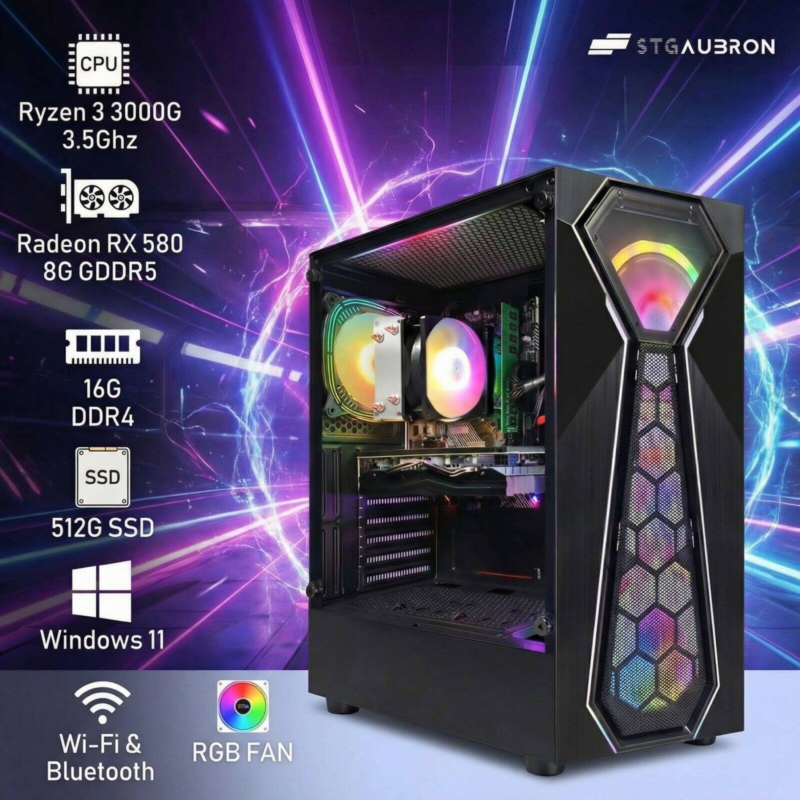 CPU: Ryzen 3 3000G 3.5Ghz  
GPU: Radeon RX 580 8G GDDR5  
RAM: 16G DDR4  
Storage: 512G SSD  
OS: Windows 11  
Features: Wi-Fi & Bluetooth, RGB Fan