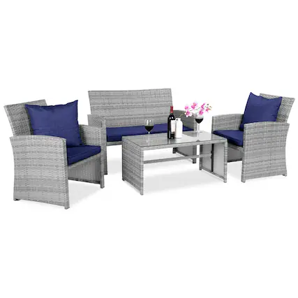 Front. Best Choice Products - Best Choice Products 4-Piece Outdoor Wicker Patio Conversation Furniture Set w/ Table, Cushions - Gray/Navy - Gray/Navy.
