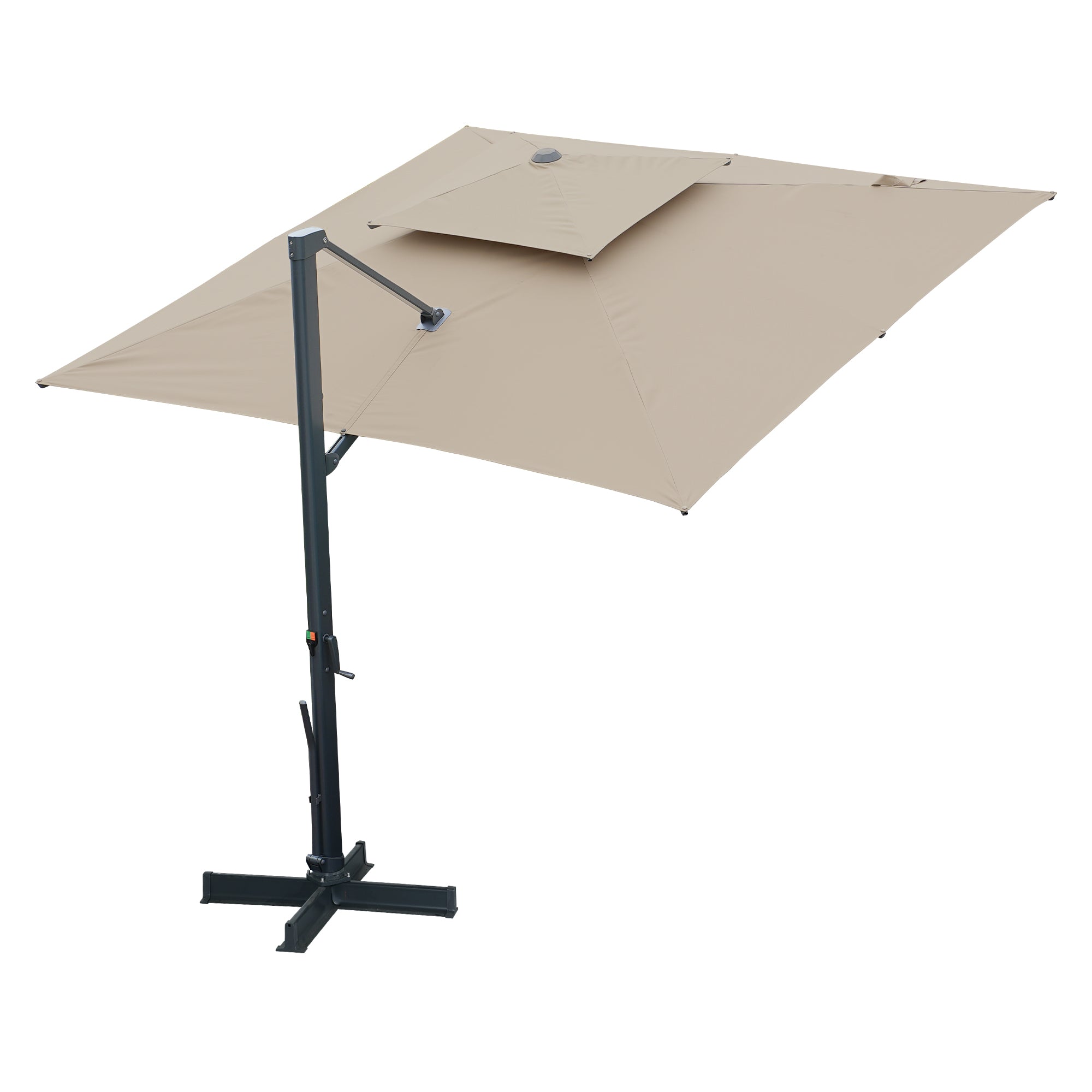 Left. Mondawe - 10x10ft Cantilever Patio Umbrella with 360° Rotation, DIY Drape Hook - Taupe.