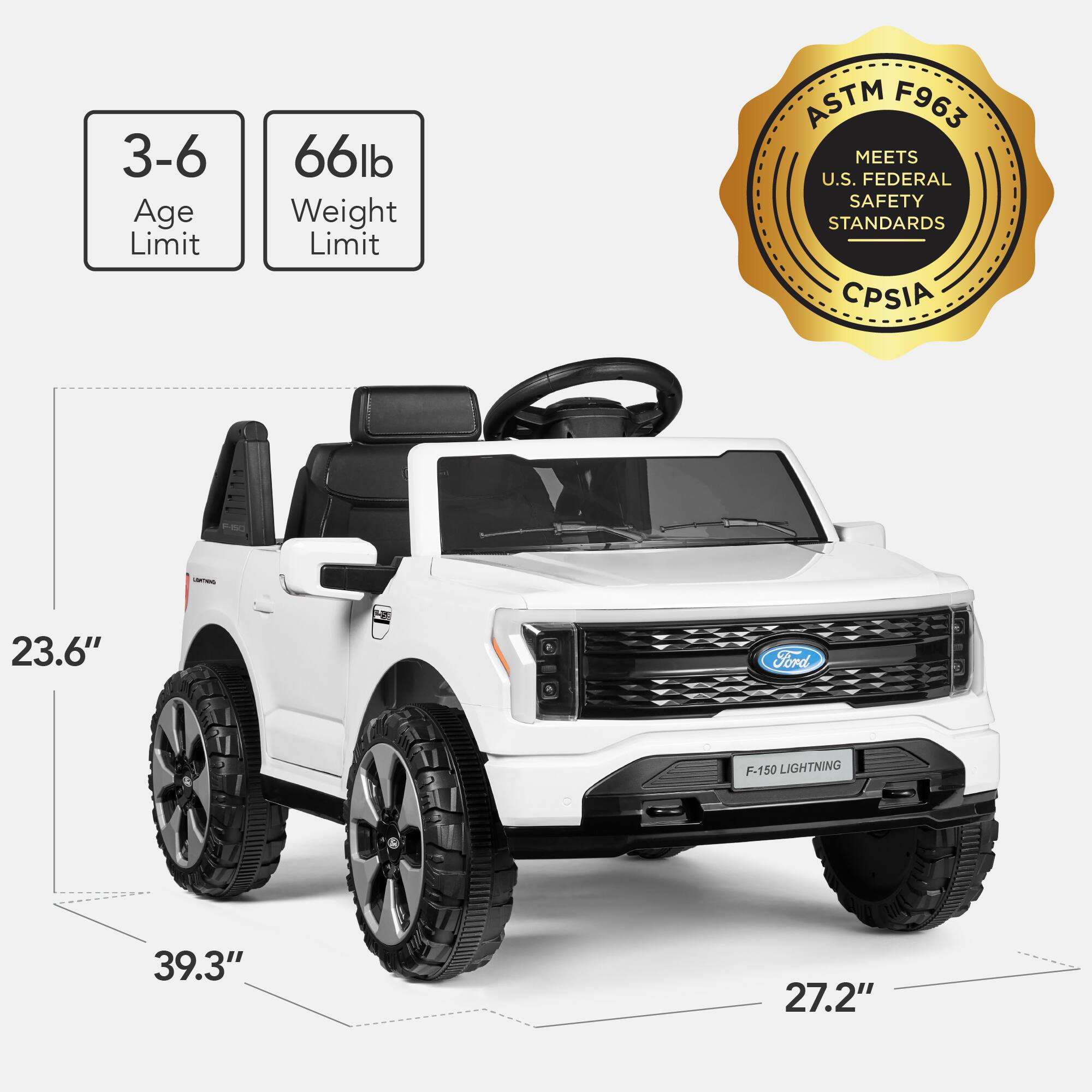 3-6 Age Limit, 66lb Weight Limit, ASTM F963 MEETS U.S. FEDERAL SAFETY STANDARDS CPSIA, Ford F-150 LIGHTNING, 23.6" Height, 39.3" Length, 27.2" Width.