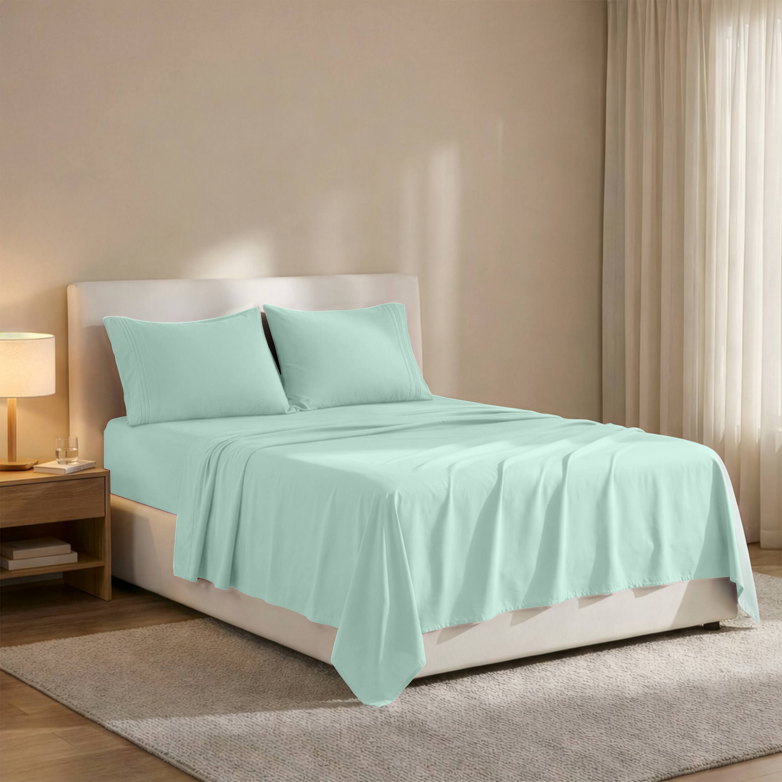 Angle. Lux Decor Collection - 4-Piece King Bed Sheet Set, Ultra Soft Microfiber, Deep Pocket, Wrinkle-Resistant, Hypoallergenic, All-Season Comfort - Spa Blue.