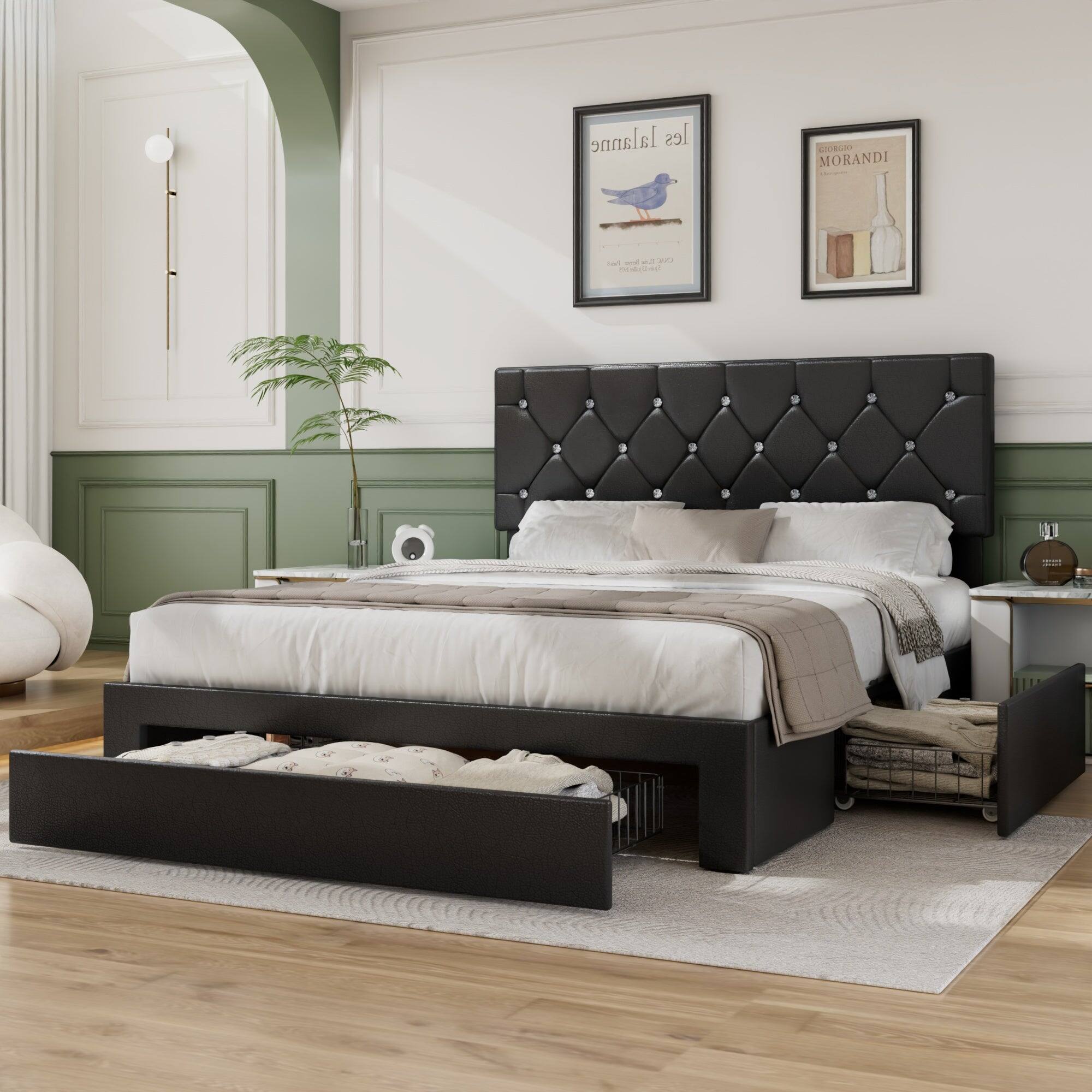 Vecelo - Queen Bed Frame with Storage Drawers, Upholstered Faux Leather Platform Bed with Adjustable Headboard and Wood Slats - Black