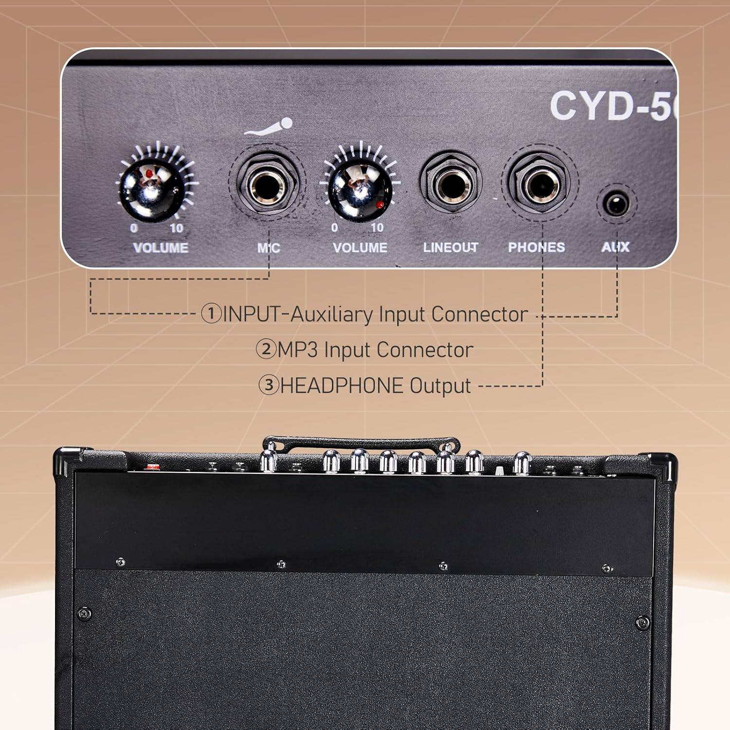 CYD-5

- VOLUME (0-10)
- MIC
- VOLUME (0-10)
- LINEOUT
- PHONES
- AUX

1. INPUT-Auxiliary Input Connector
2. MP3 Input Connector
3. HEADPHONE Output