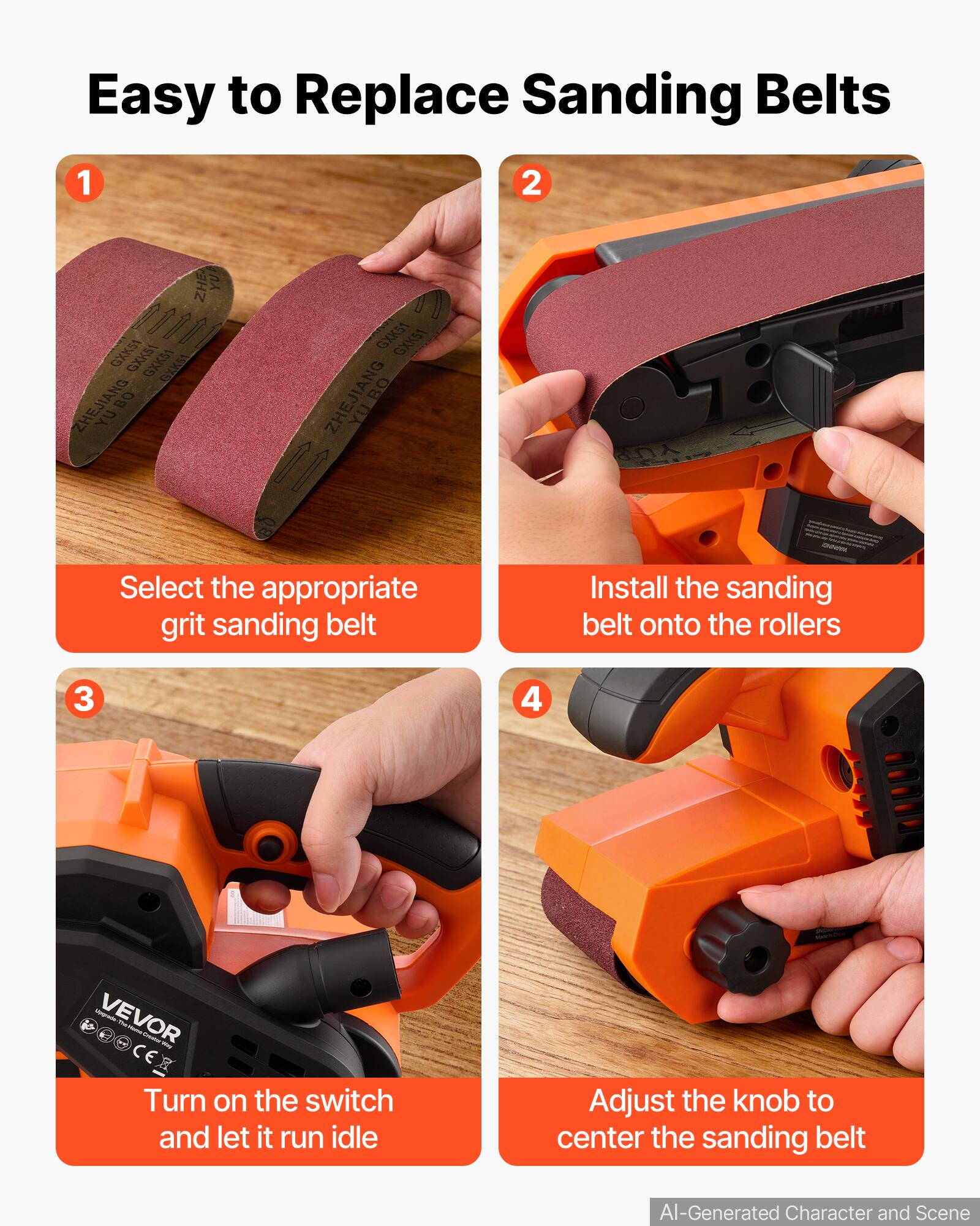 Easy to Replace Sanding Belts

1. Select the appropriate grit sanding belt
2. Install the sanding belt onto the rollers
3. Turn on the switch and let it run idle
4. Adjust the knob to center the sanding belt

VEVOR

AI-Generated Character and Scene