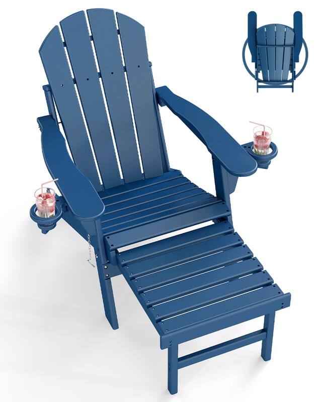 Front. FODINGHILL - Folding Adirondack Chair with Retractable Ottoman, HDPE All-Weather Construction & Cup Holders - Blue.