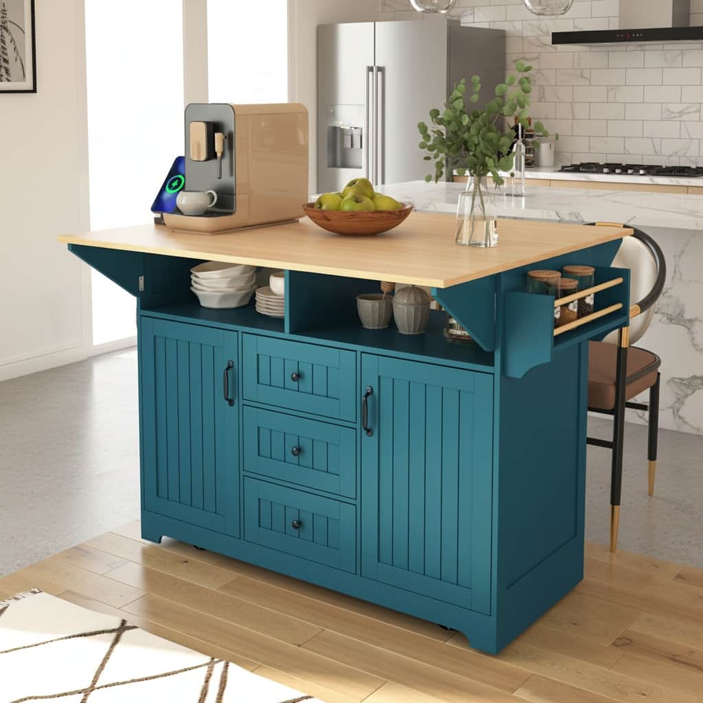 Forest'nSky - 55.7" Rolling Kitchen Island with 2 Drop-Leaf Tables – Power Outlet, 3 Drawers, Spice & Towel Racks - Green