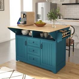 Forest'nSky - 55.7" Rolling Kitchen Island with 2 Drop-Leaf Tables – Power Outlet, 3 Drawers, Spice & Towel Racks - Green