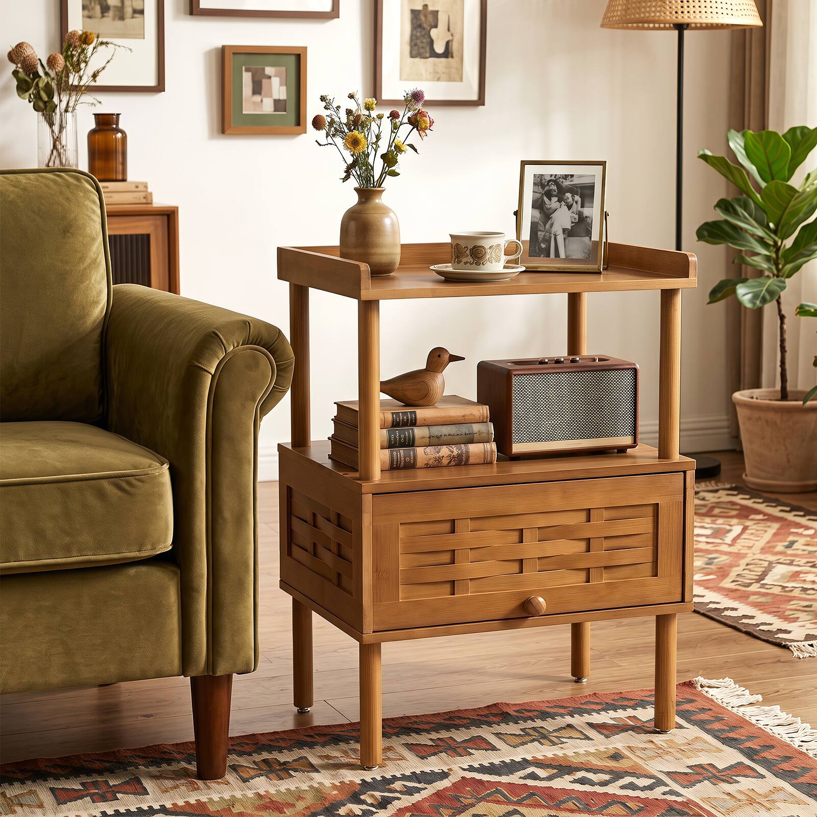 Alt View 4. Gymax - Gymax Bamboo Rattan Nightstand Natural Side Table w/ Raised Edge Flip-Up Door Walnut - Brown.