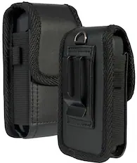 Front. Nakedcellphone - Pouch for Orbic Journey Pro/Lite, Iris Flip, Jitterbug Flip2 - Vegan Leather, Harness, Metal Clip, Magnetic - Black.