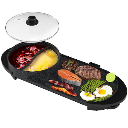 Front. Topteng - 2-in-1 Electric Hot Pot & Grill - Divider for Dual Soups, Non-Stick, 5-Temp Control, for 1-8 People Family Gathering - Black.
