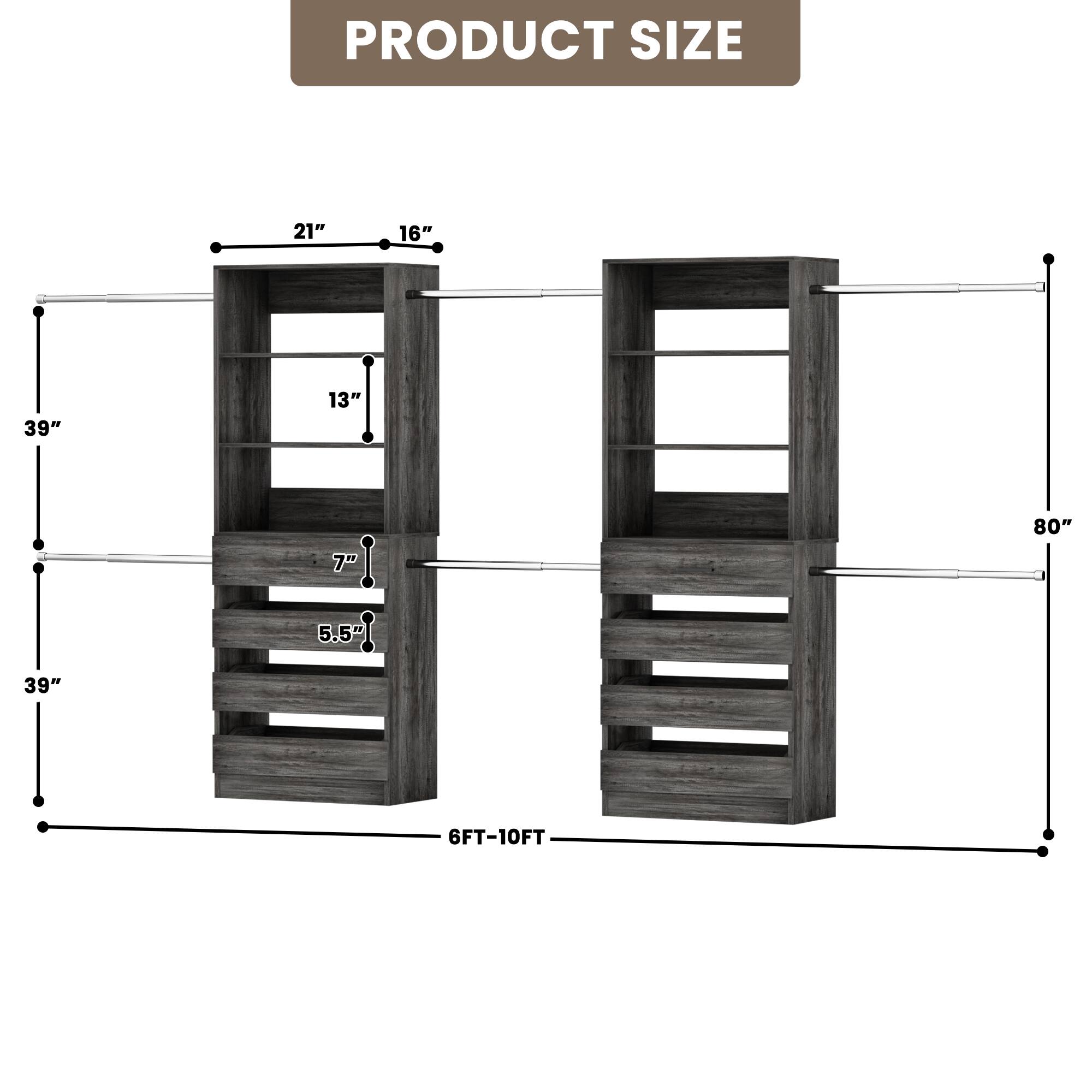PRODUCT SIZE  
21" 16" 39" 13" 7" 80" 5.5" 39" 6FT-10FT
