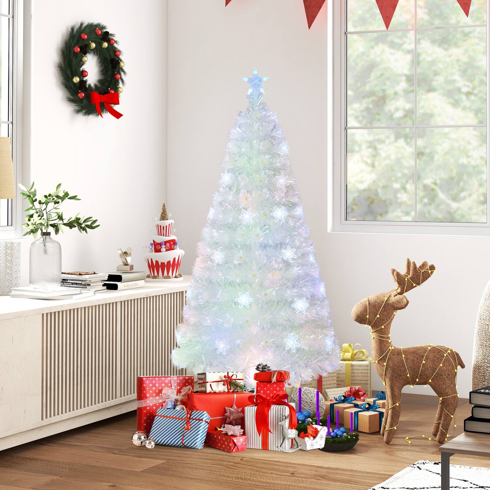 Alt View 1. Ecooso - 5ft Pre-Lit Artificial Christmas Tree with Iridescent Leaves for Shimmer Holiday Decor - White.