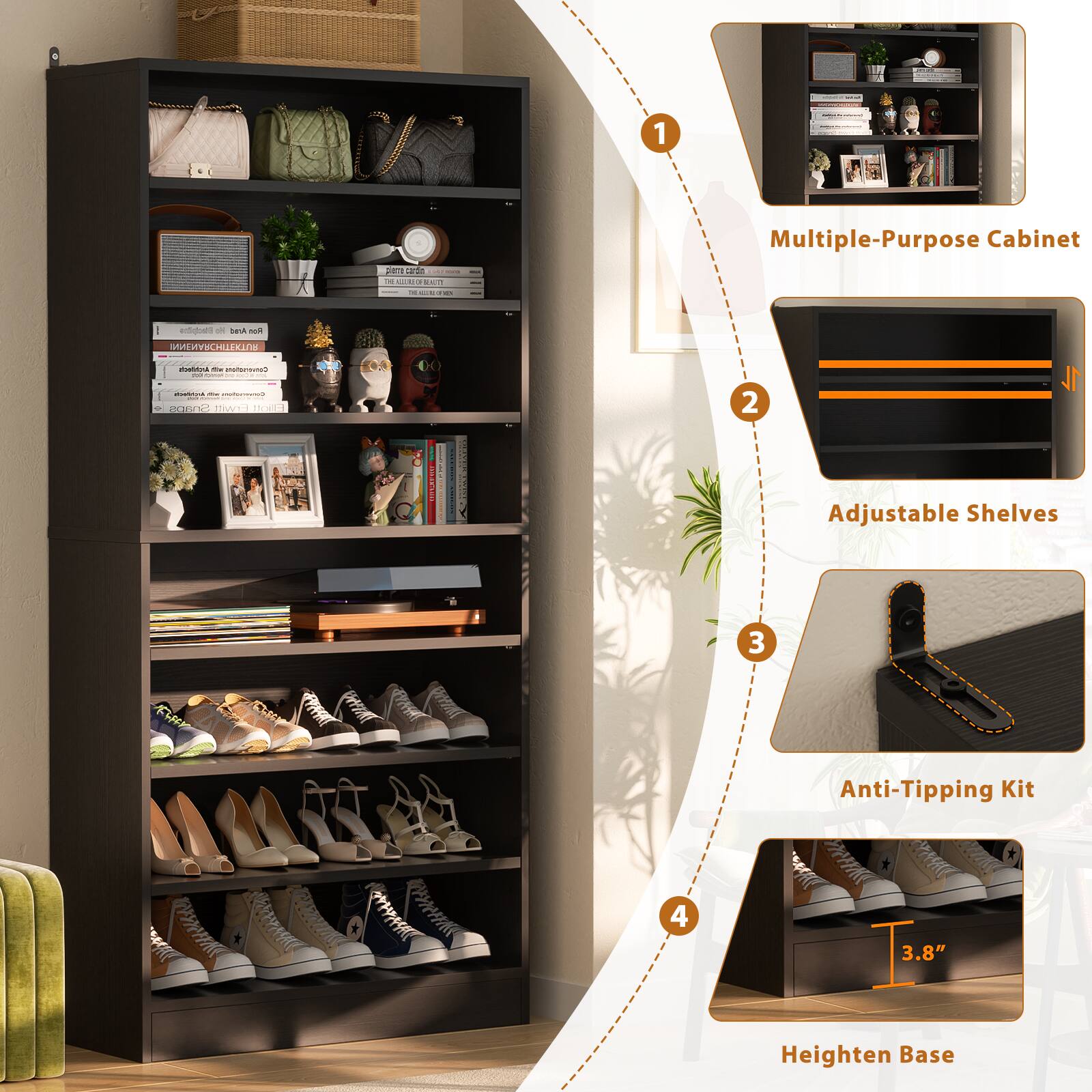 1. Multiple-Purpose Cabinet
2. Adjustable Shelves
3. Anti-Tipping Kit
4. 3.8" Heighten Base
