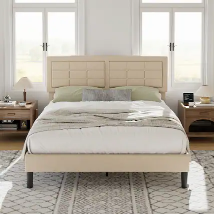 Front. Vecelo - Modern Queen Upholstered Bed Frame with Adjustable Headboard, Linen Tufted Platform Bed, Noise-Free Design - Beige.