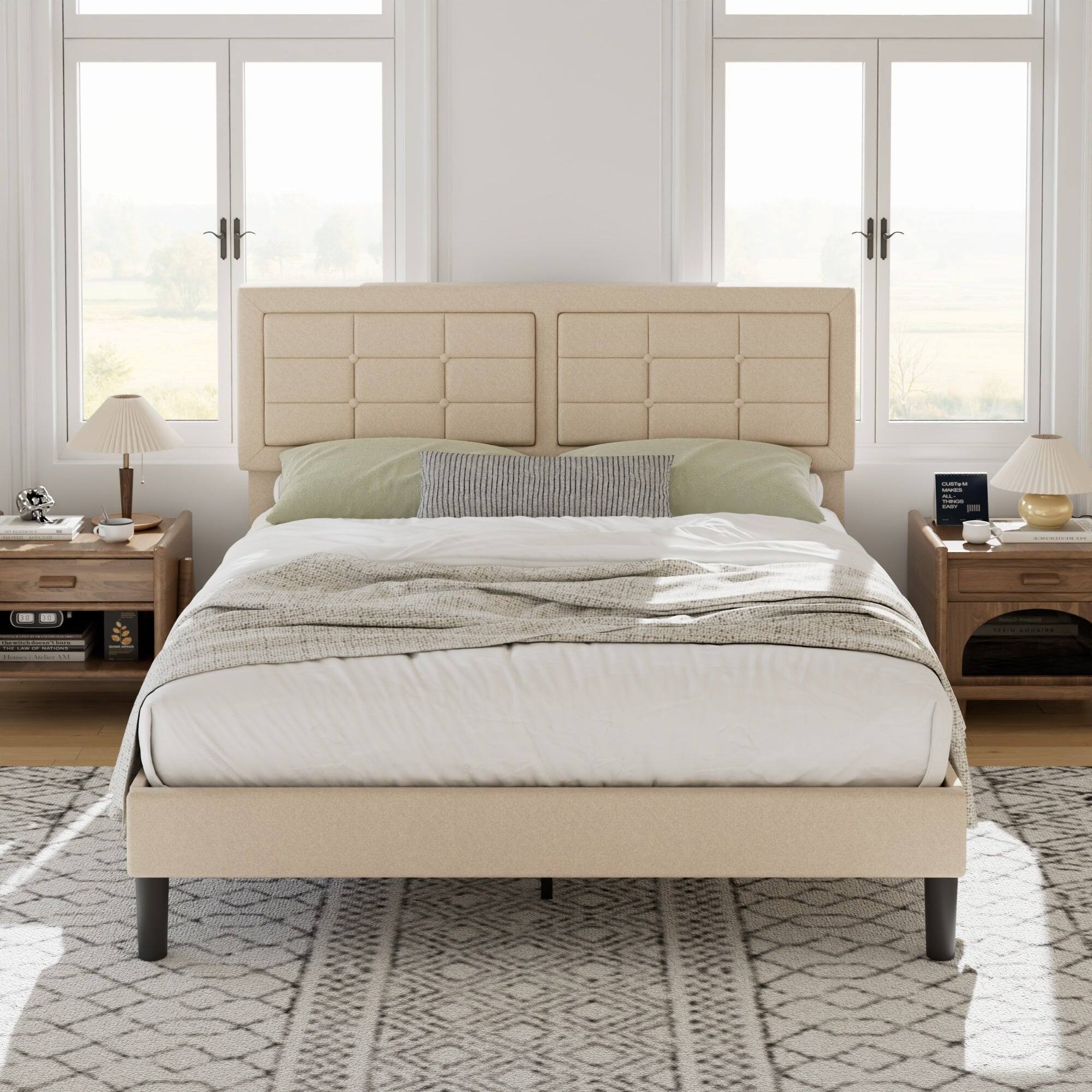 Front. Vecelo - Modern Queen Upholstered Bed Frame with Adjustable Headboard, Linen Tufted Platform Bed, Noise-Free Design - Beige.