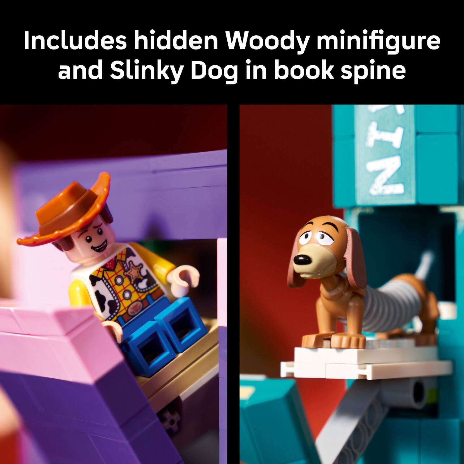 Includes hidden Woody minifigure and Slinky Dog in book spine