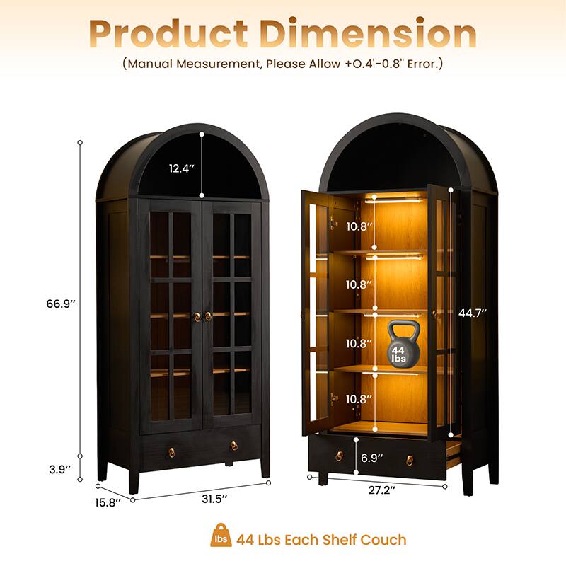 Product Dimension  
(Manual Measurement, Please Allow +0.4" - 0.8" Error.)

- Height: 66.9"
- Width: 31.5"
- Depth: 15.8"
- Top Arch Height: 12.4"
- Shelf Depth: 10.8"
- Shelf Height: 10.8"
- Bottom Shelf Height: 6.9"
- Overall Depth: 27.2"
- Weight Capacity: 44 lbs Each Shelf Couch