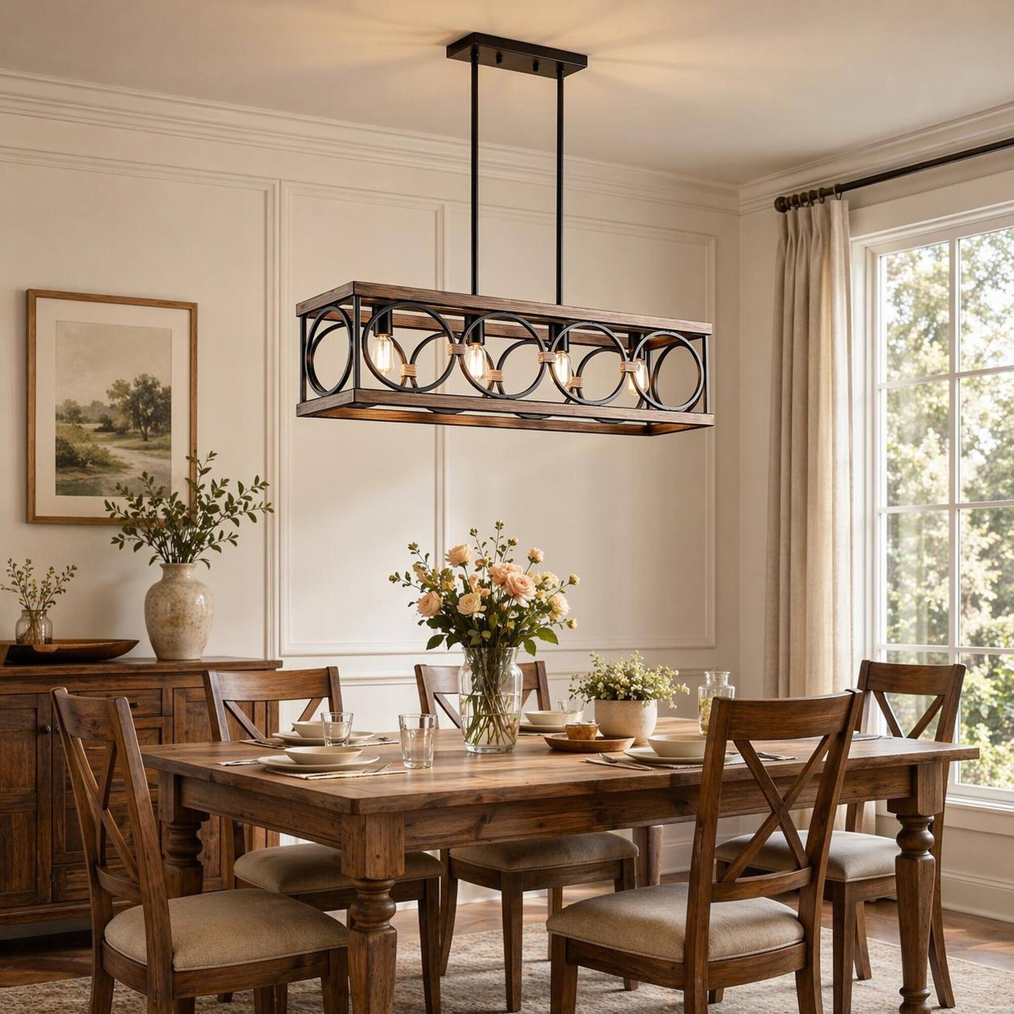 Left. RYHNUYNE - Rustic Farmhouse 4-Light Rectangular Pendant with Natural Wood Accents and Black Metal Frame, 31.6-Inch.