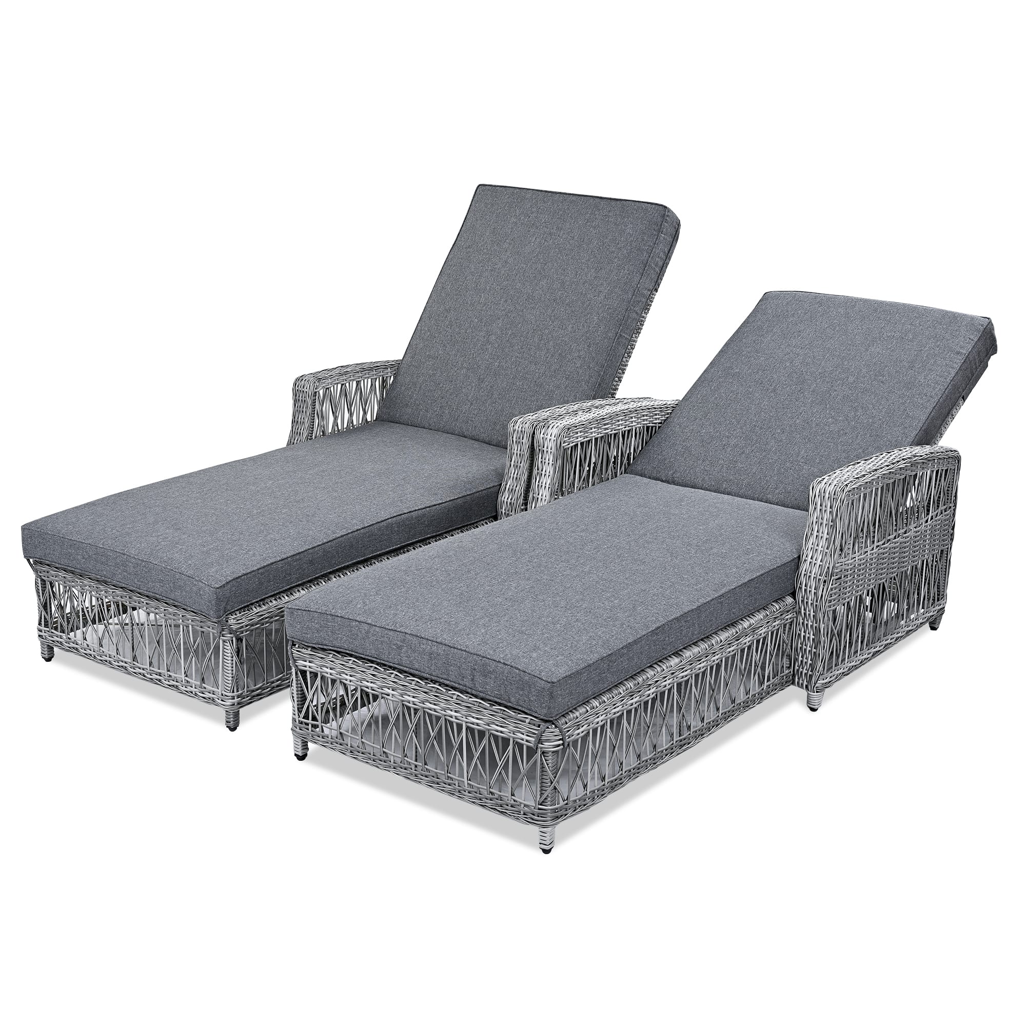 Mondawe - 2 Pieces Wicker Long Reclining Chaise Patio Adjustable Recliner with Soft Removable Cushions - Gray
