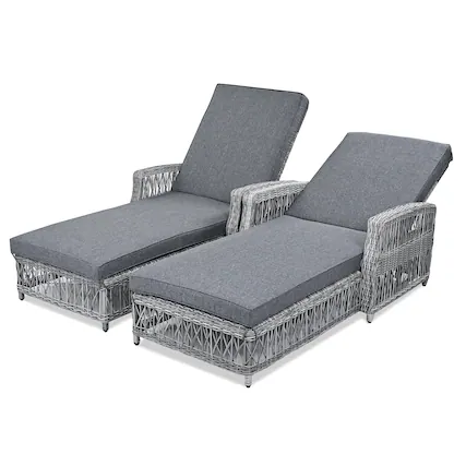Front. Mondawe - 2 Pieces Wicker Long Reclining Chaise Patio Adjustable Recliner with Soft Removable Cushions - Grey.