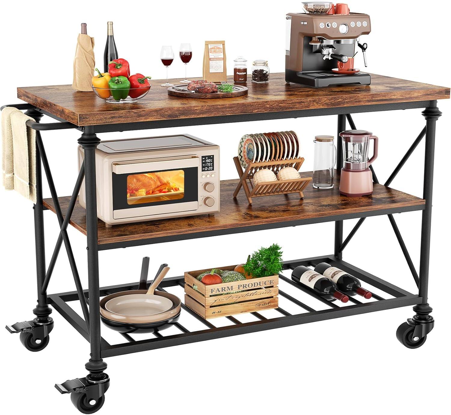 Aheaplus - 3-Tier Wood & Metal Rolling Kitchen Cart with Pipe-Leg Design, Lockable Wheels & Storage Shelves for Kitchen & Dining - Rustic Brown