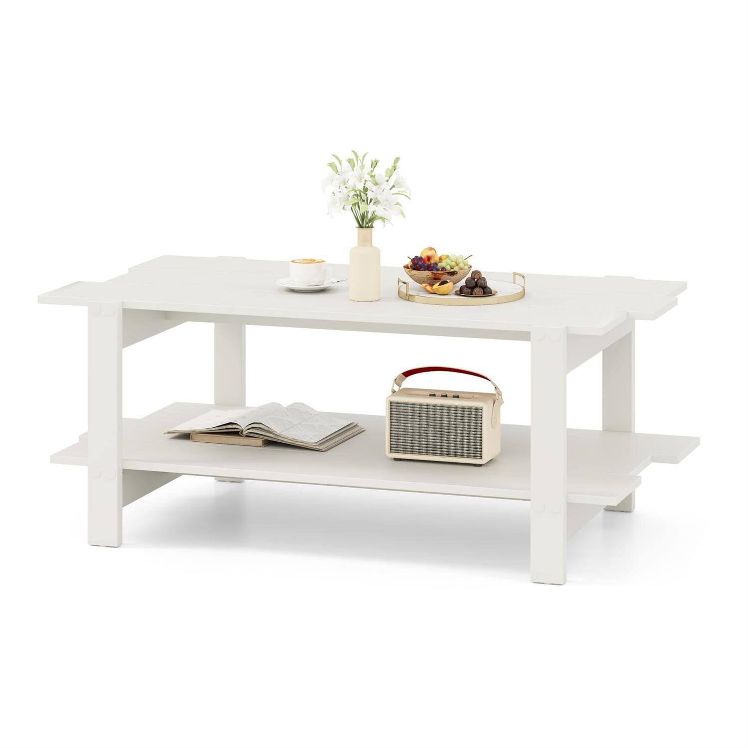 Left. Pefilos - 2-Tier Coffee Table, Slatted Wood Tabletop, Open Storage Shelf, Crossbar Reinforced Frame, White - White.