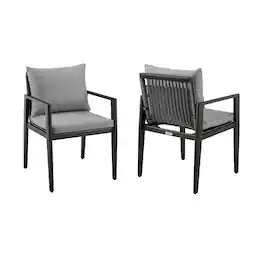 Armen Living - Cayman Outdoor Patio Dining Chairs with Arms in Aluminum with Gray Cushions - Set of 2 - Dark Gray