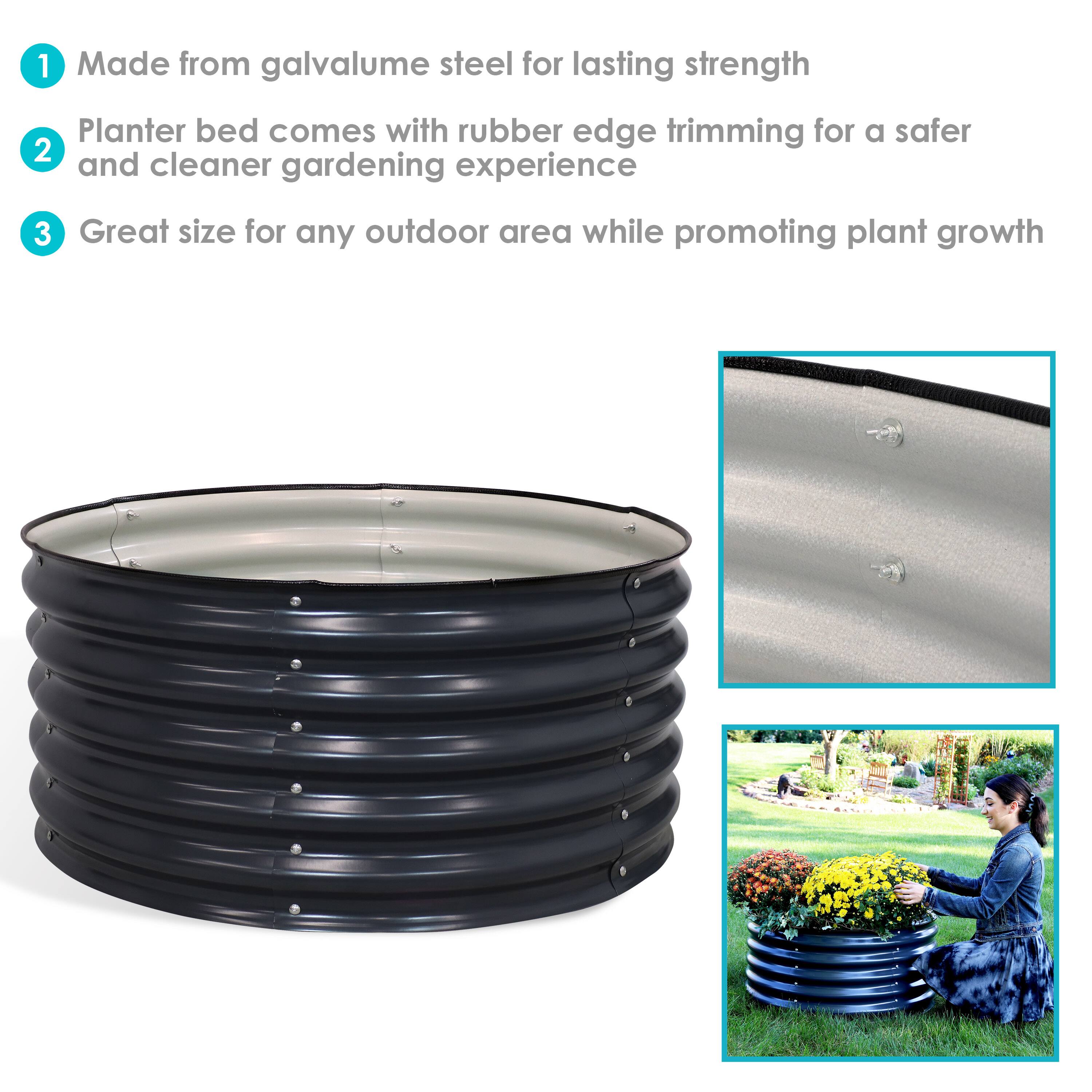 1. Made from galvalume steel for lasting strength  
2. Planter bed comes with rubber edge trimming for a safer and cleaner gardening experience  
3. Great size for any outdoor area while promoting plant growth