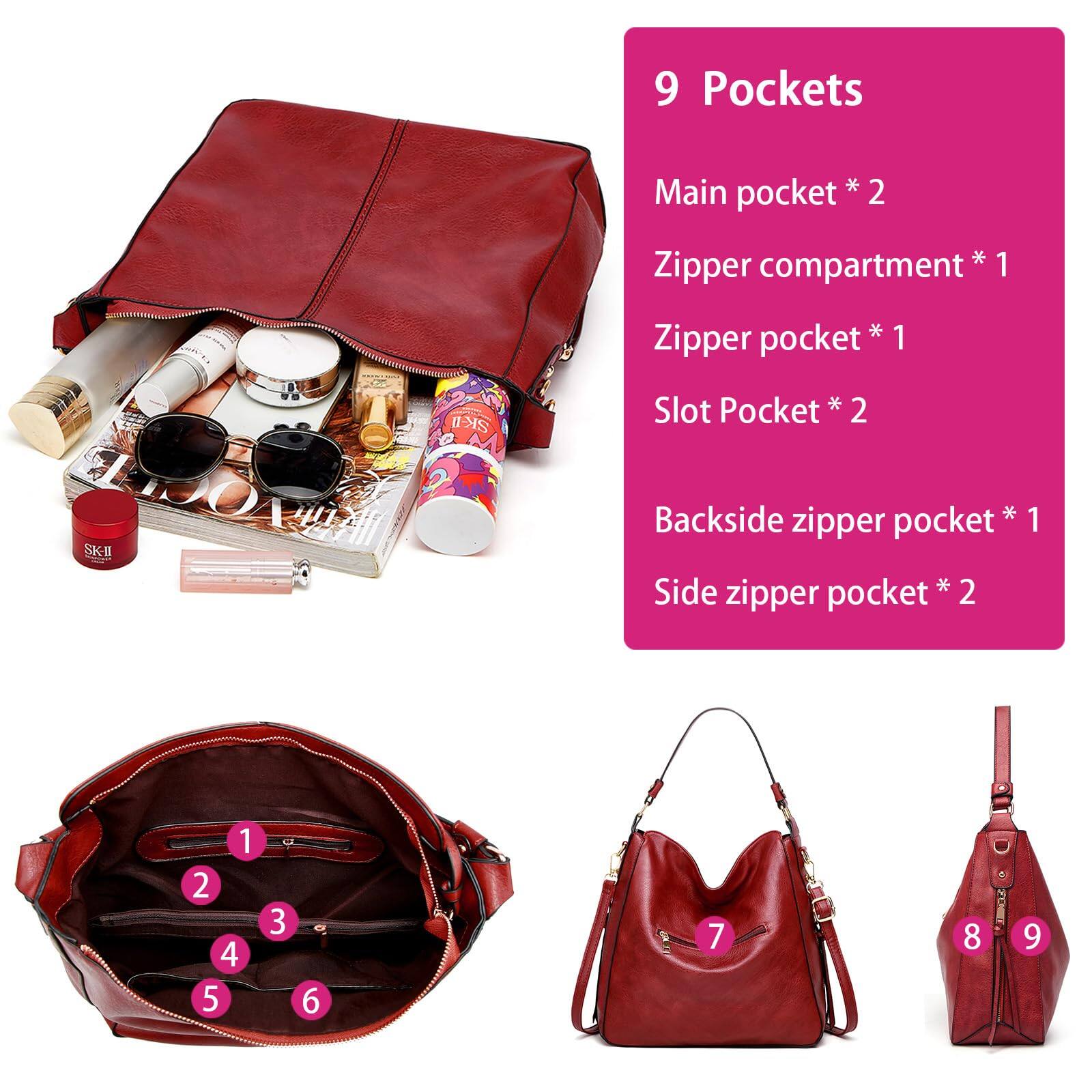 9 Pockets

Main pocket * 2  
Zipper compartment * 1  
Zipper pocket * 1  
Slot Pocket * 2  
Backside zipper pocket * 1  
Side zipper pocket * 2