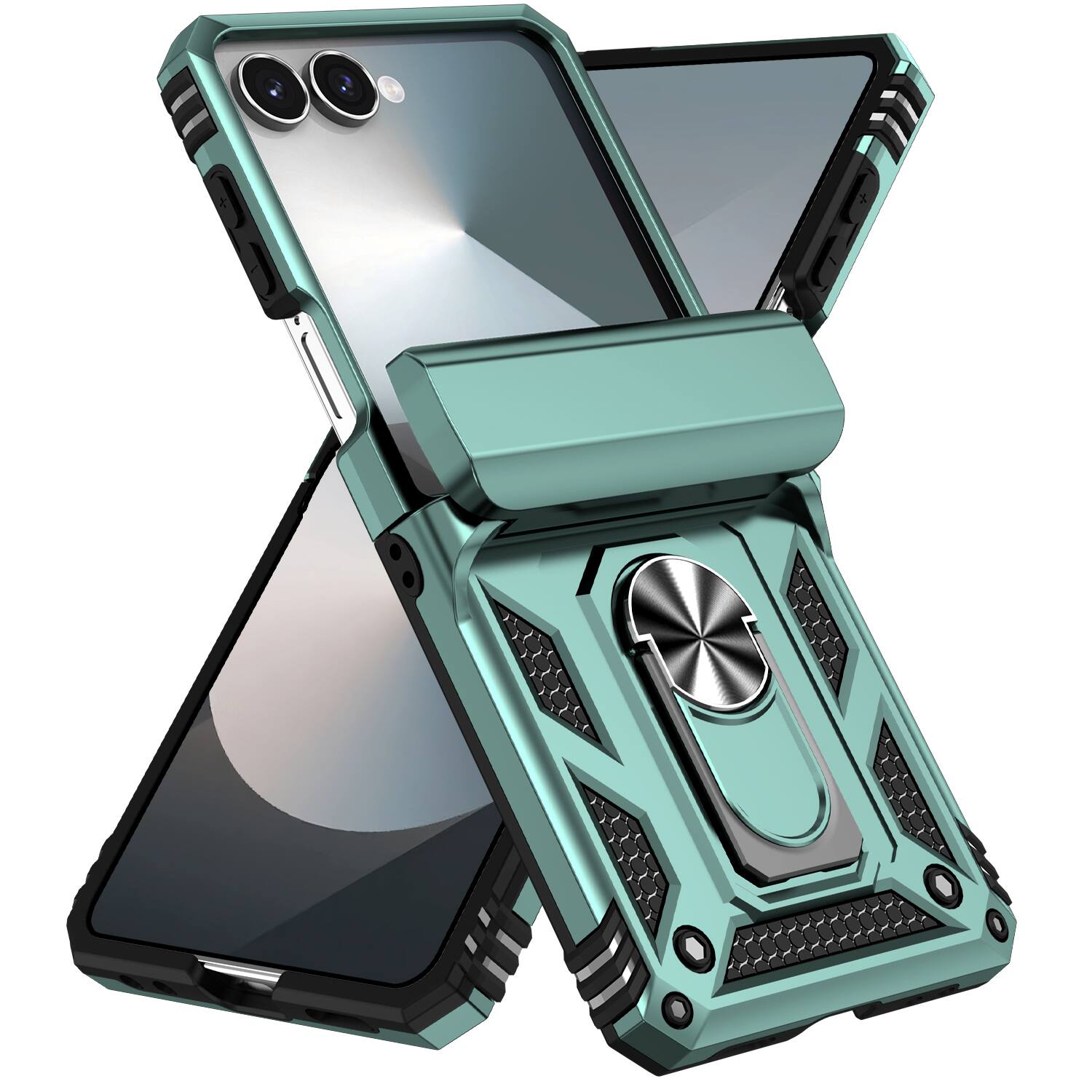 Angle. Dteck - For Samsung Galaxy Z Flip 7 Heavy Duty Rugged Case Shockproof Ring Kickstand Hinge Protection Cover Magnetic Car Mount - Darkgreen.