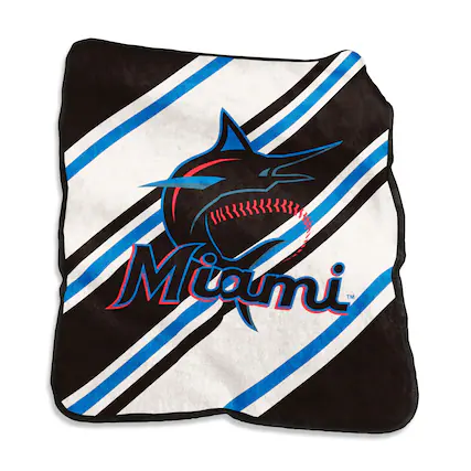 Front. Logo Brands - Miami Marlins 50" x 60" Raschel Stripe Throw Blanket - Multicolor.