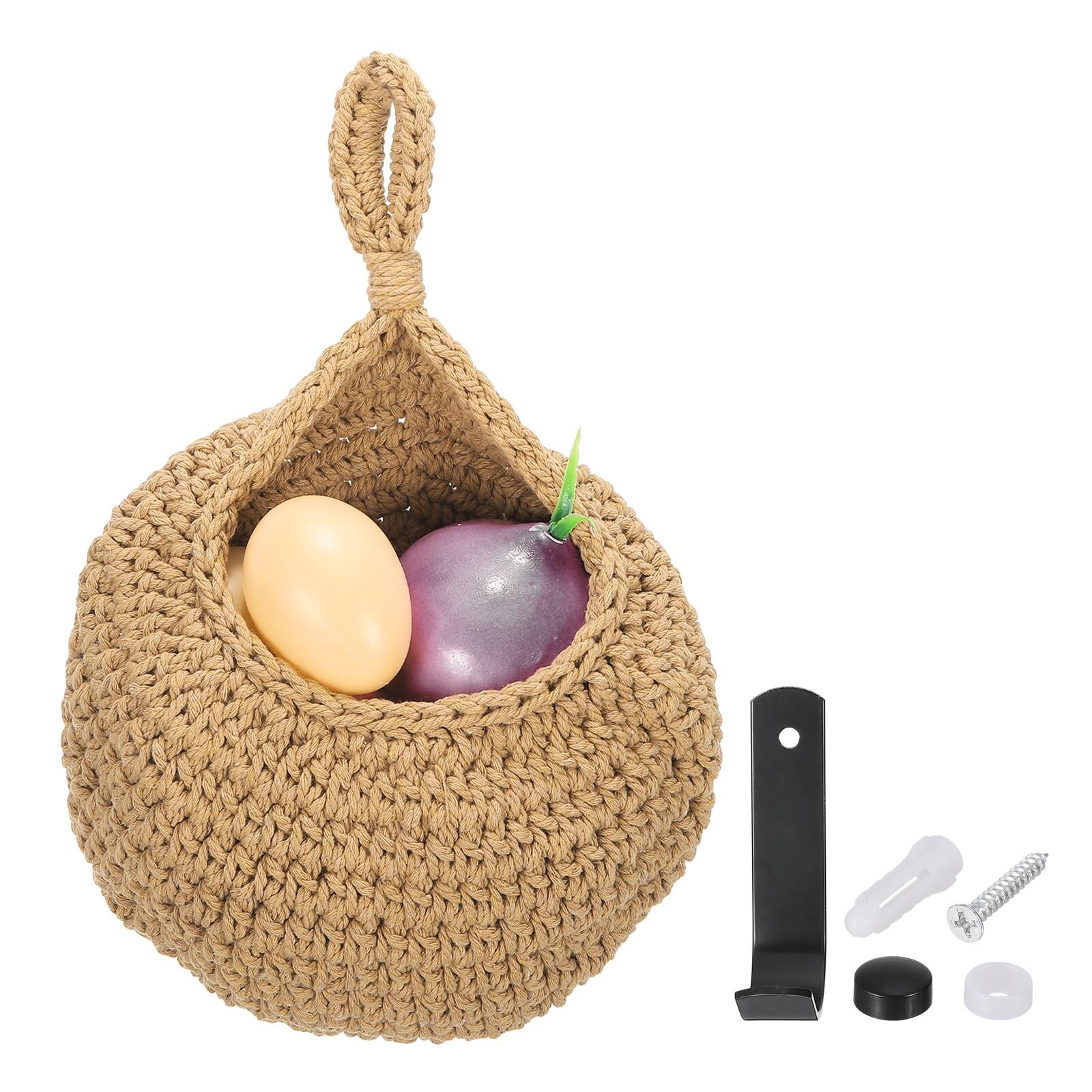 Front. Unique Bargains - Hanging Fruit Basket Hand-Woven Wall Hanging Storage Jute Teardrop for Kitchen Garlic Potato Vegetable, Brown Size L - Brown.